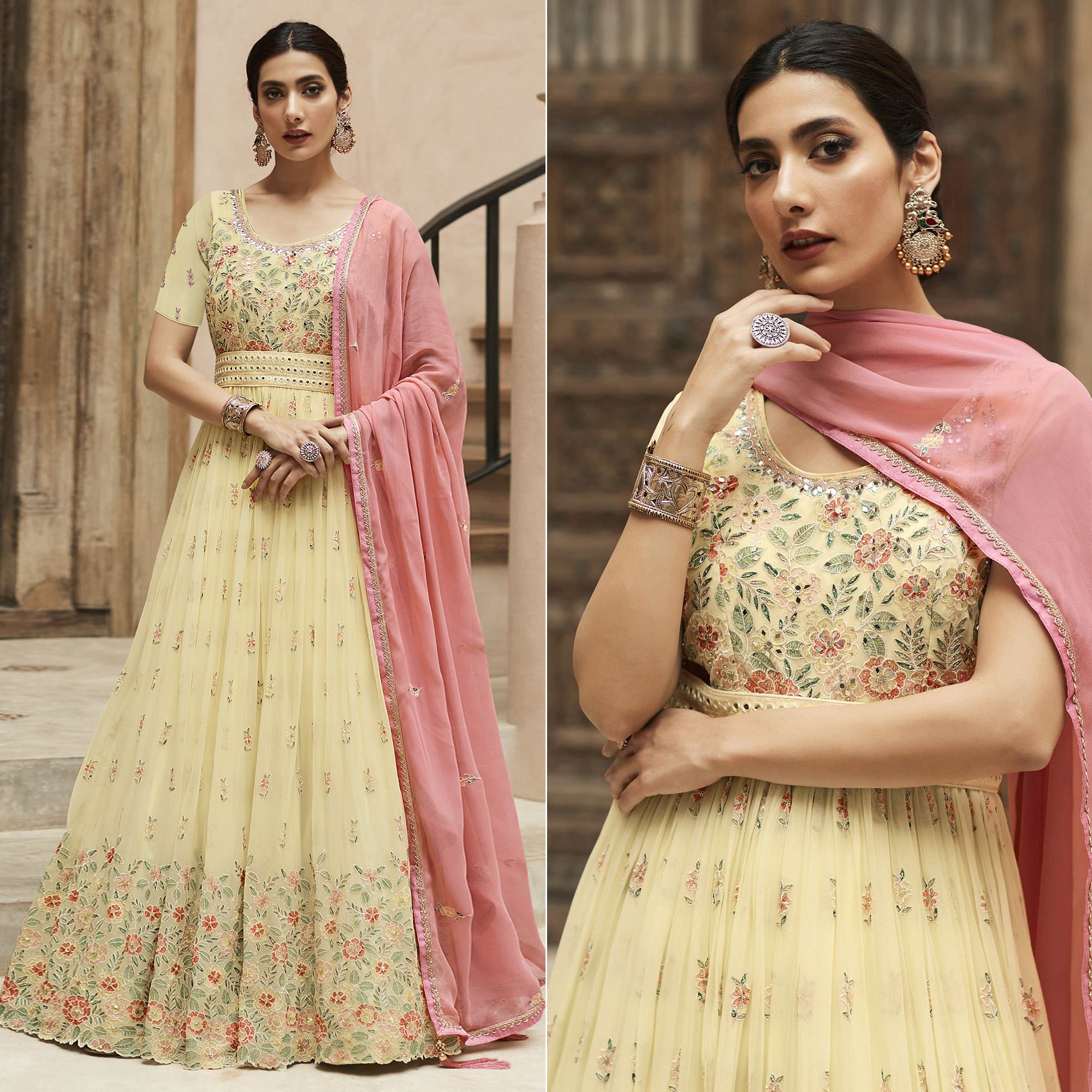 Light Yellow Sequins Floral Embroidered Georgette Anarkali Suit