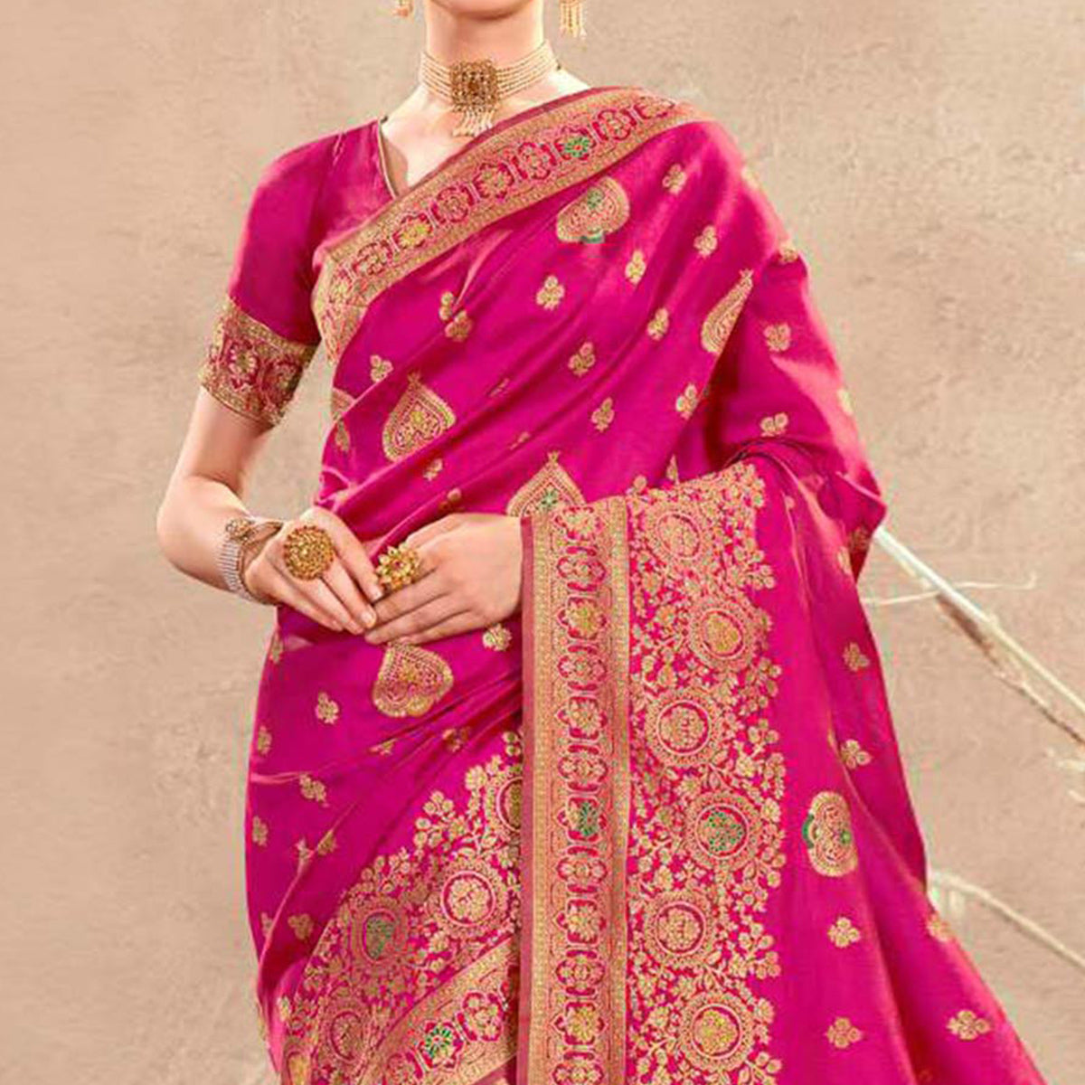 Rani Pink Floral Woven Art Silk Saree