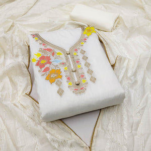 White Floral Woven Banarasi Silk Dress Material