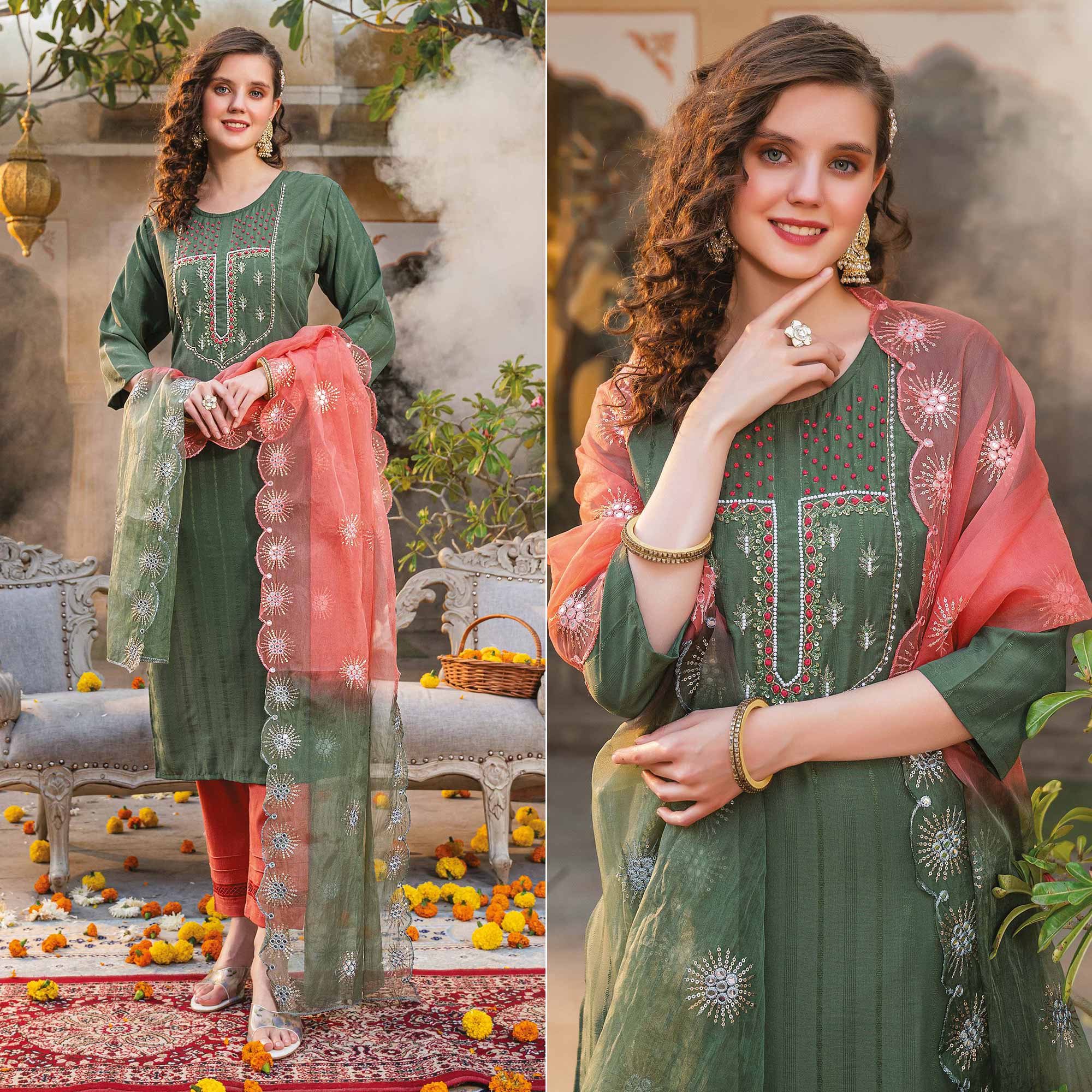 Green Embellished Viscose Salwar Suit