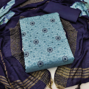 Blue Embroidered Raw Silk Dress Material