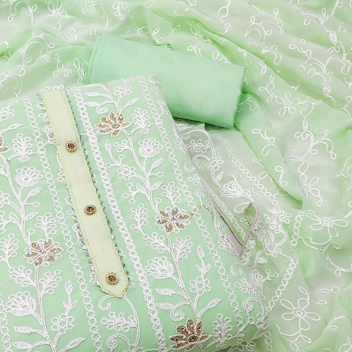 Light Green Lucknowi Embroidered Georgette Dress Material