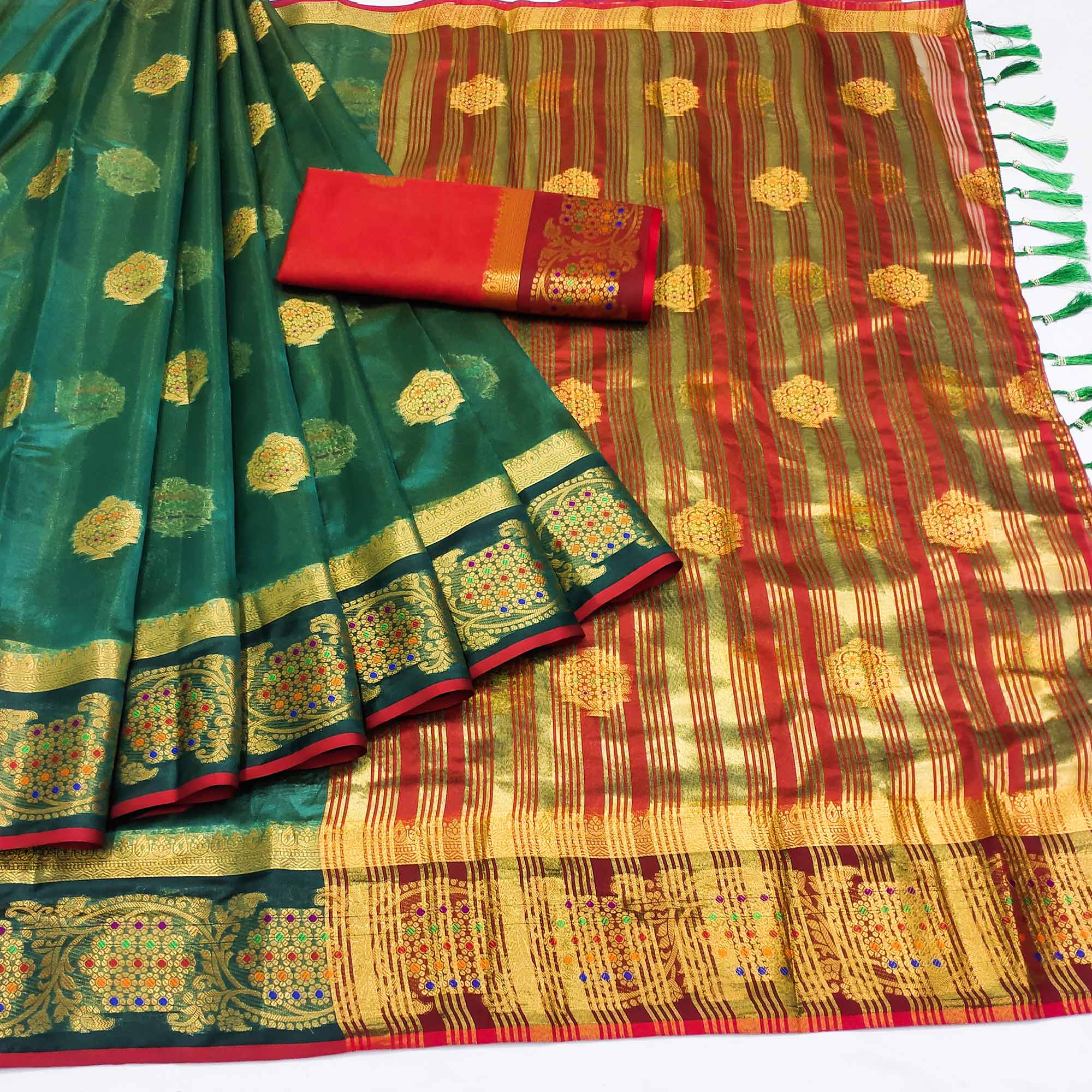 Dark Green Floral Woven Organza Saree With Tassels