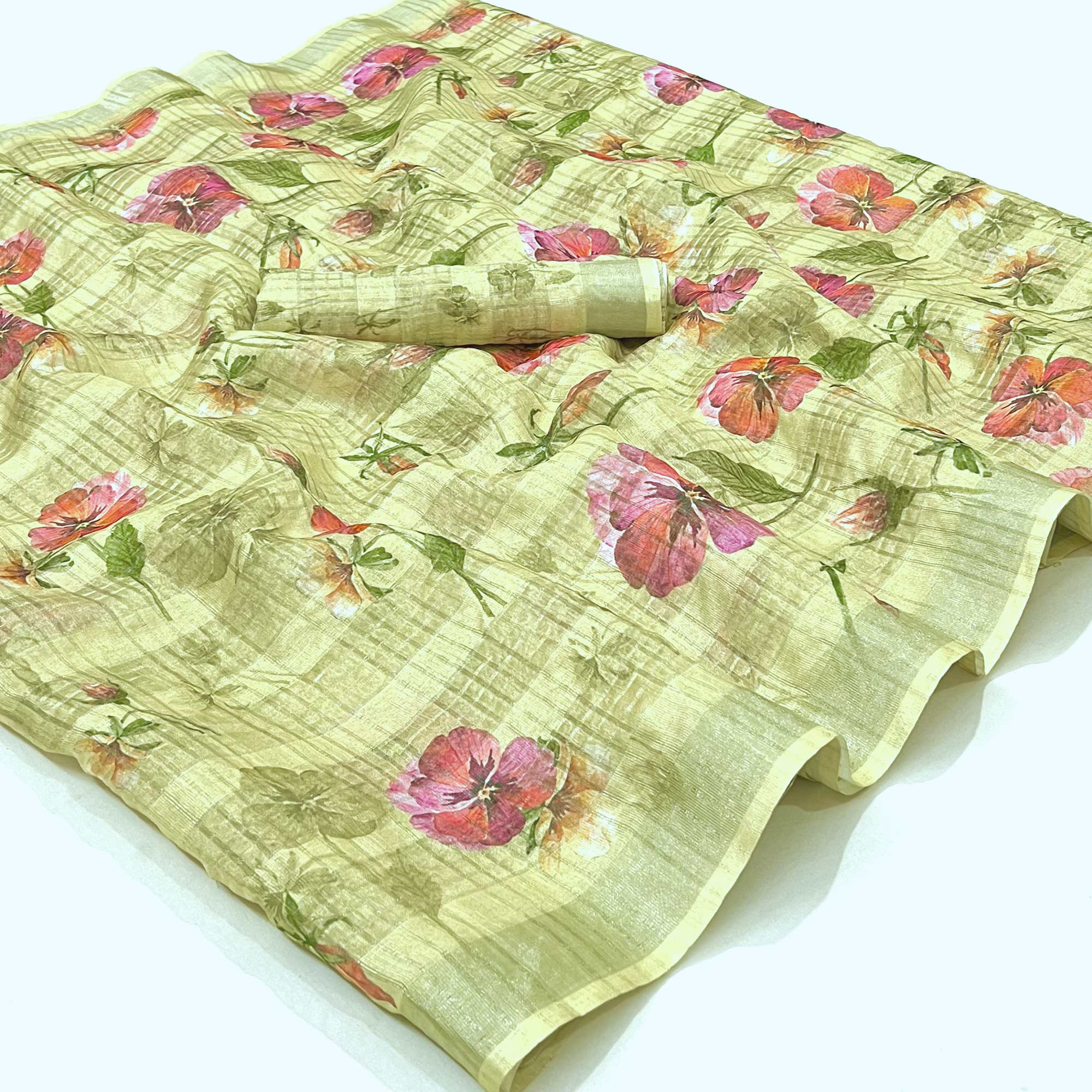 Lemon Yellow Floral Digital Printed Cotton Silk Saree