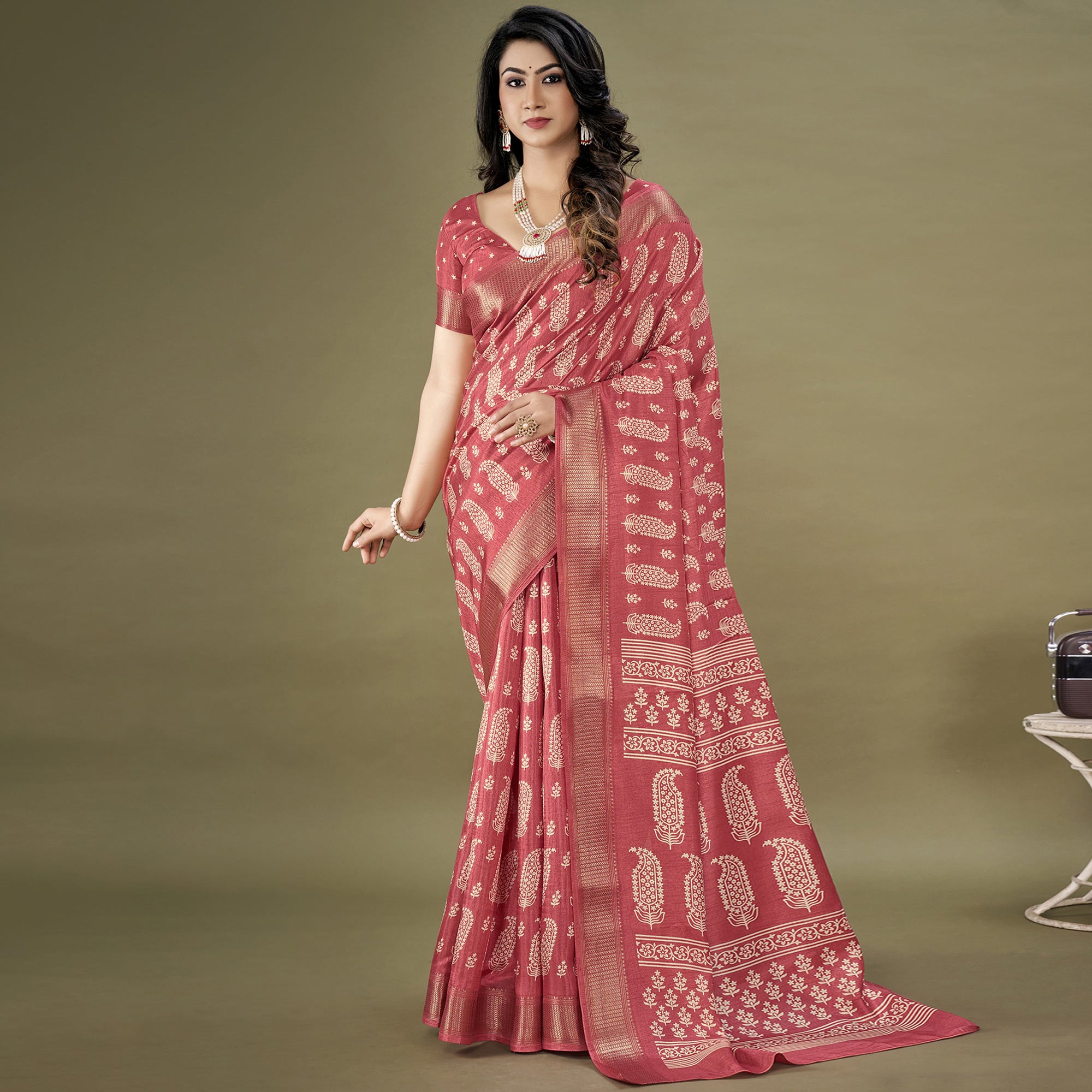 Pink Floral Printed Dola Silk Saree