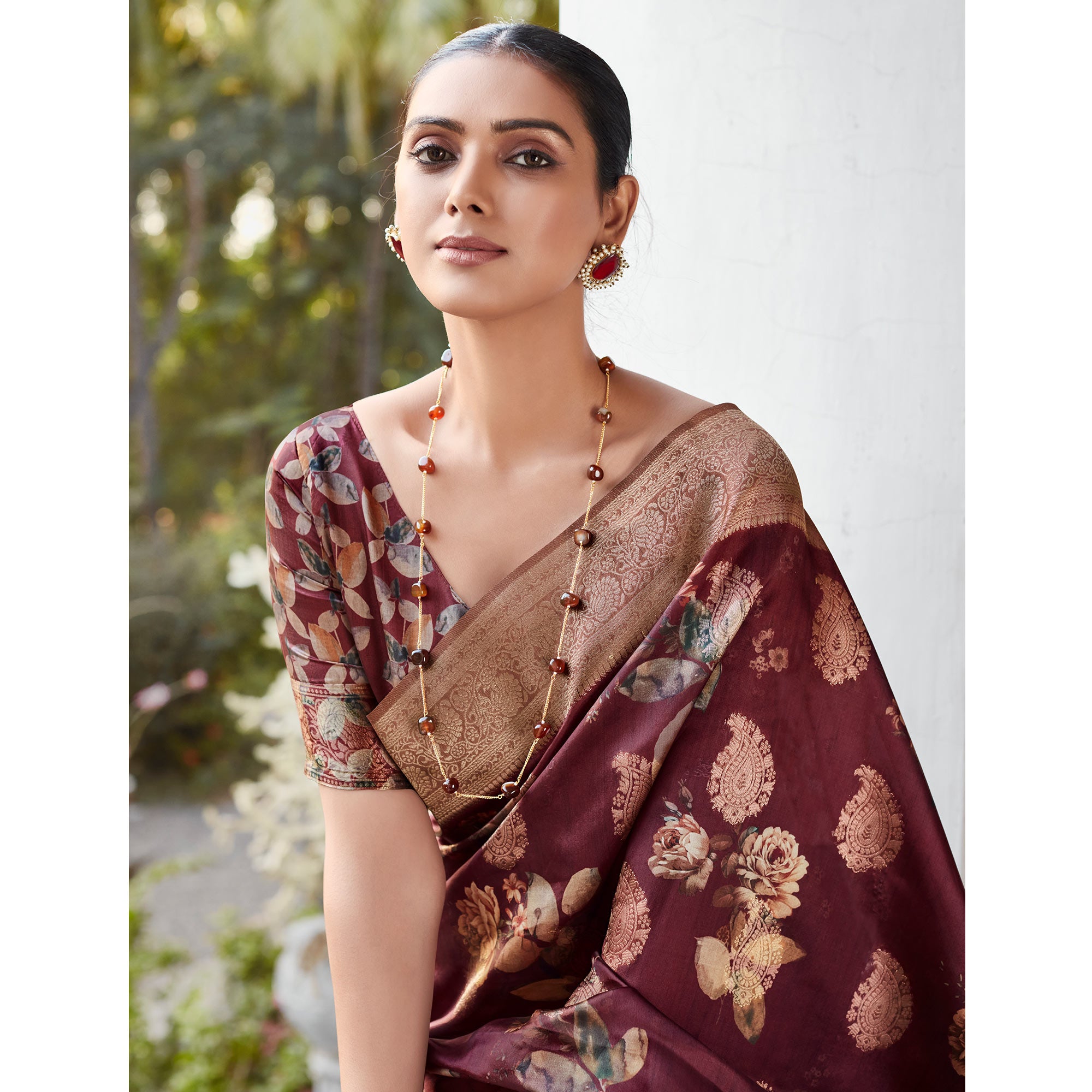 Maroon Woven With Floral Printed Art Silk Saree