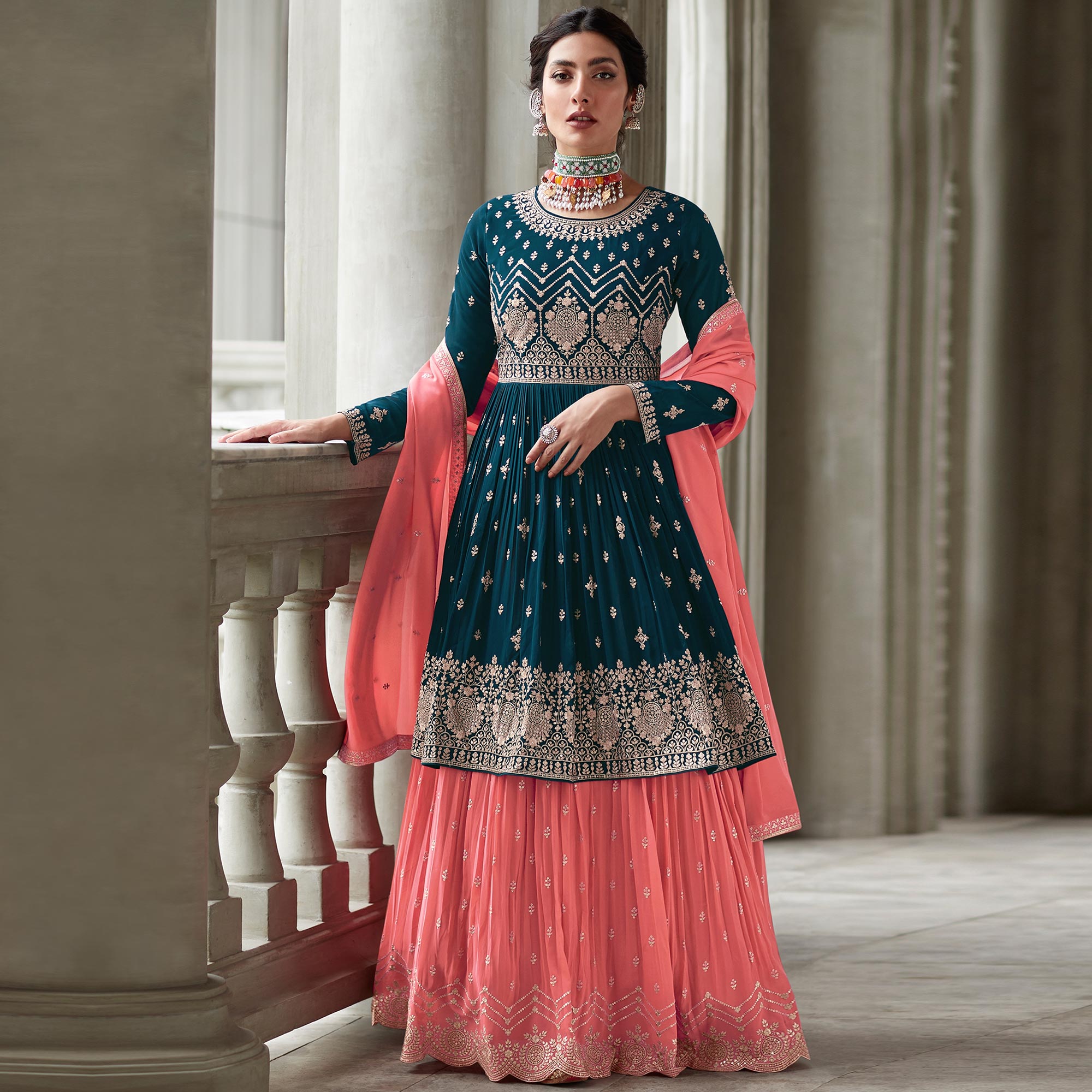 Rama Blue Floral Sequins Embroidered Georgette Sharara Suit