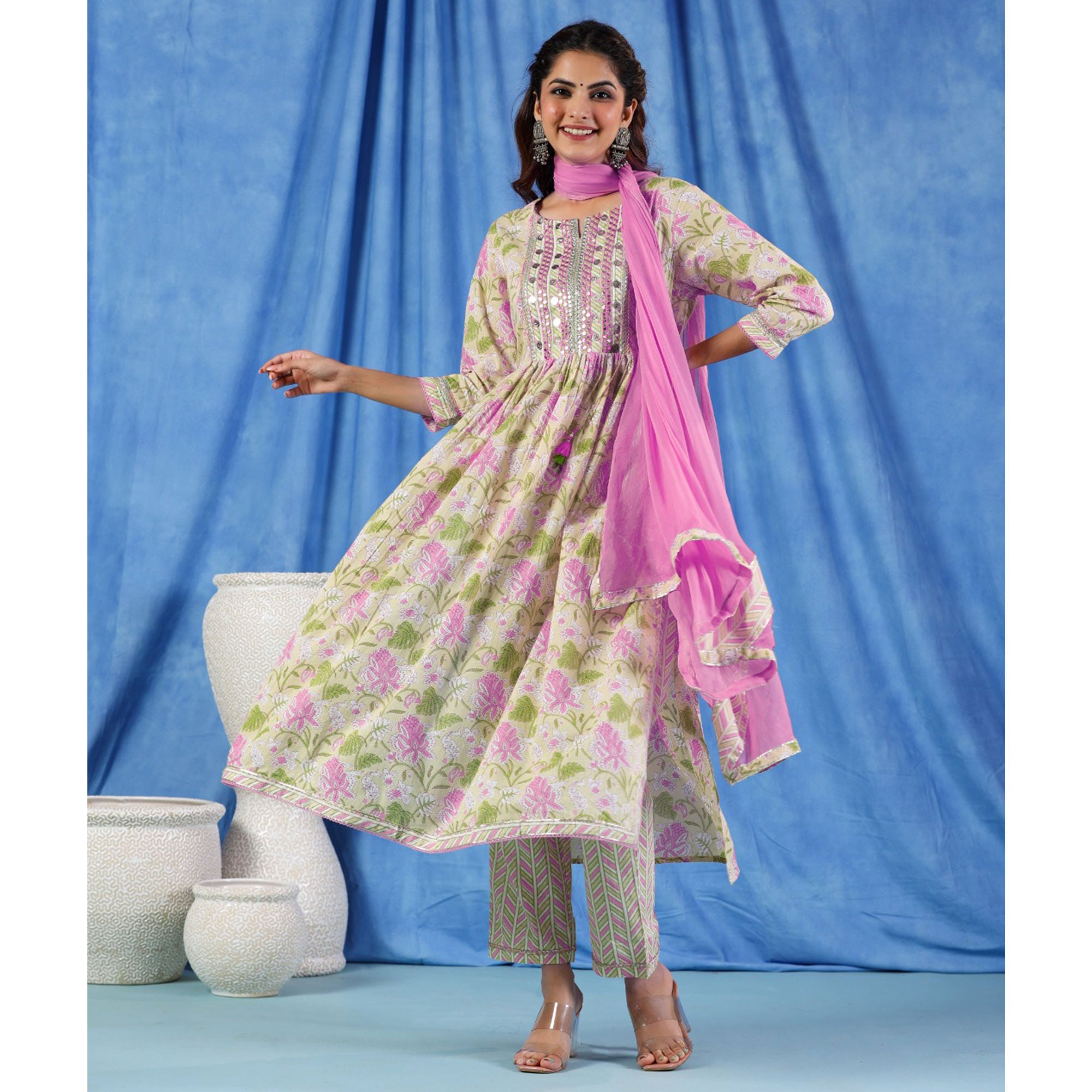 Yellow Pink Floral Printed Pure Cotton Naira Cut Suit