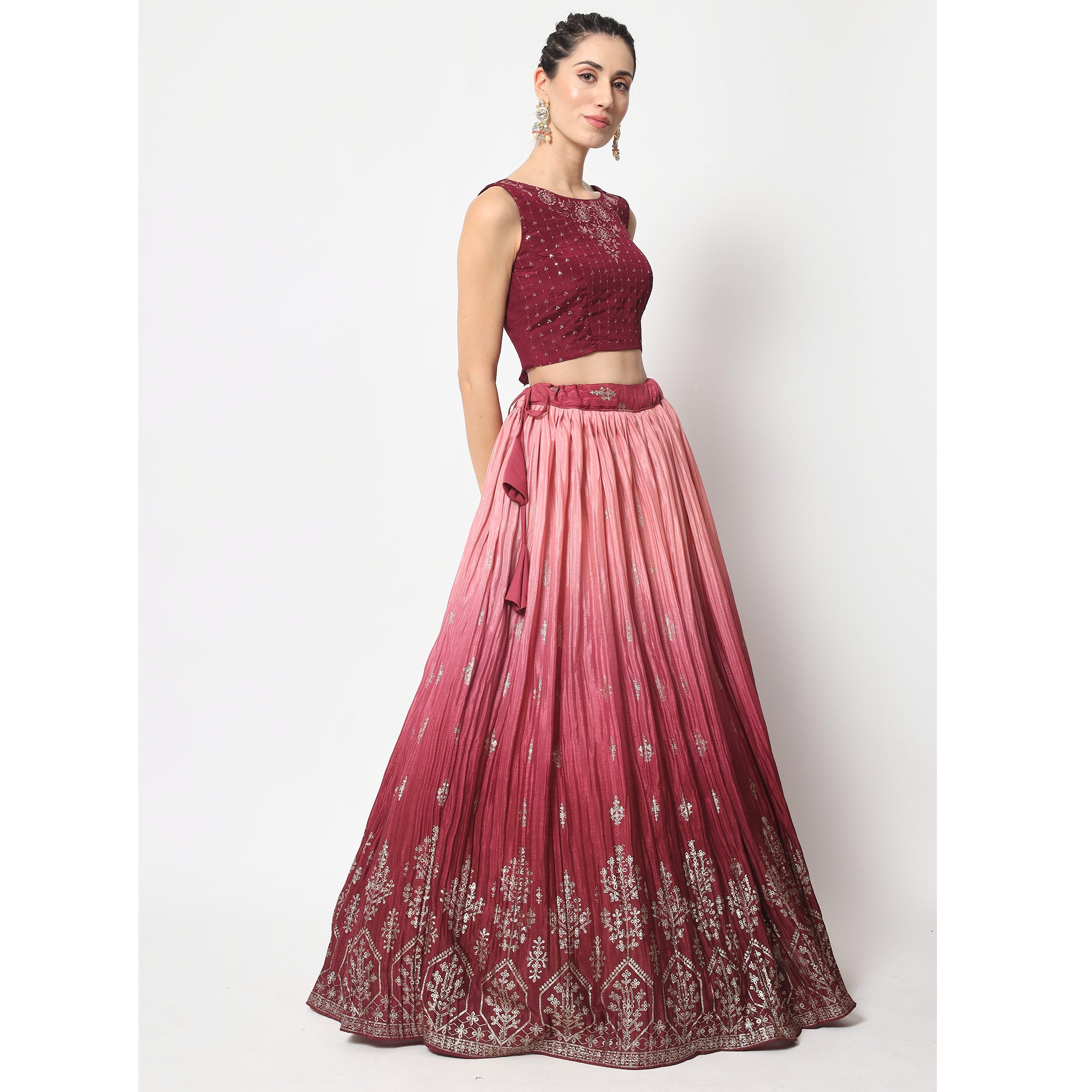 Pink & Maroon Foil Printed Chiffon Lehenga Choli