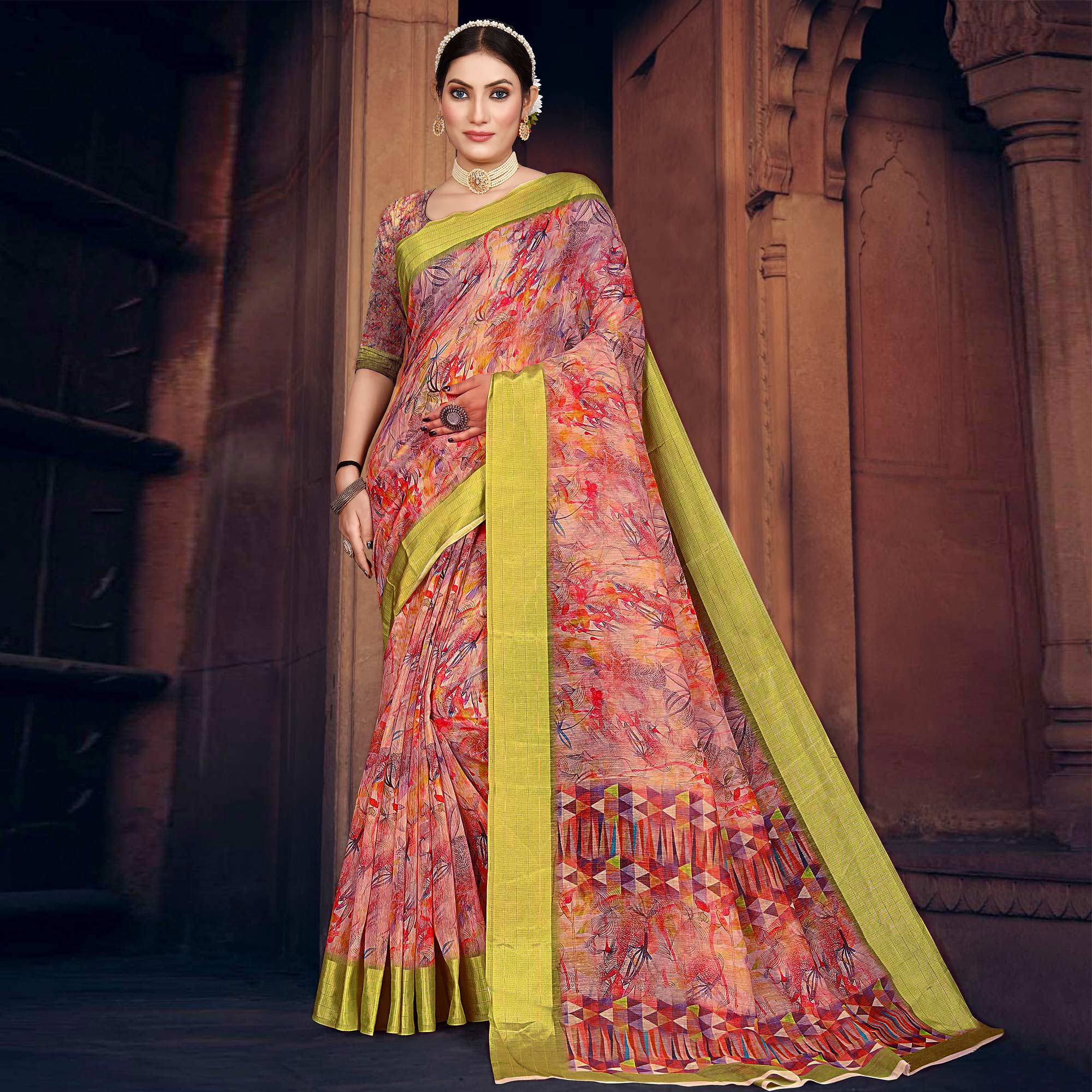 Multicolored Digital Printed Cotton Blend Saree