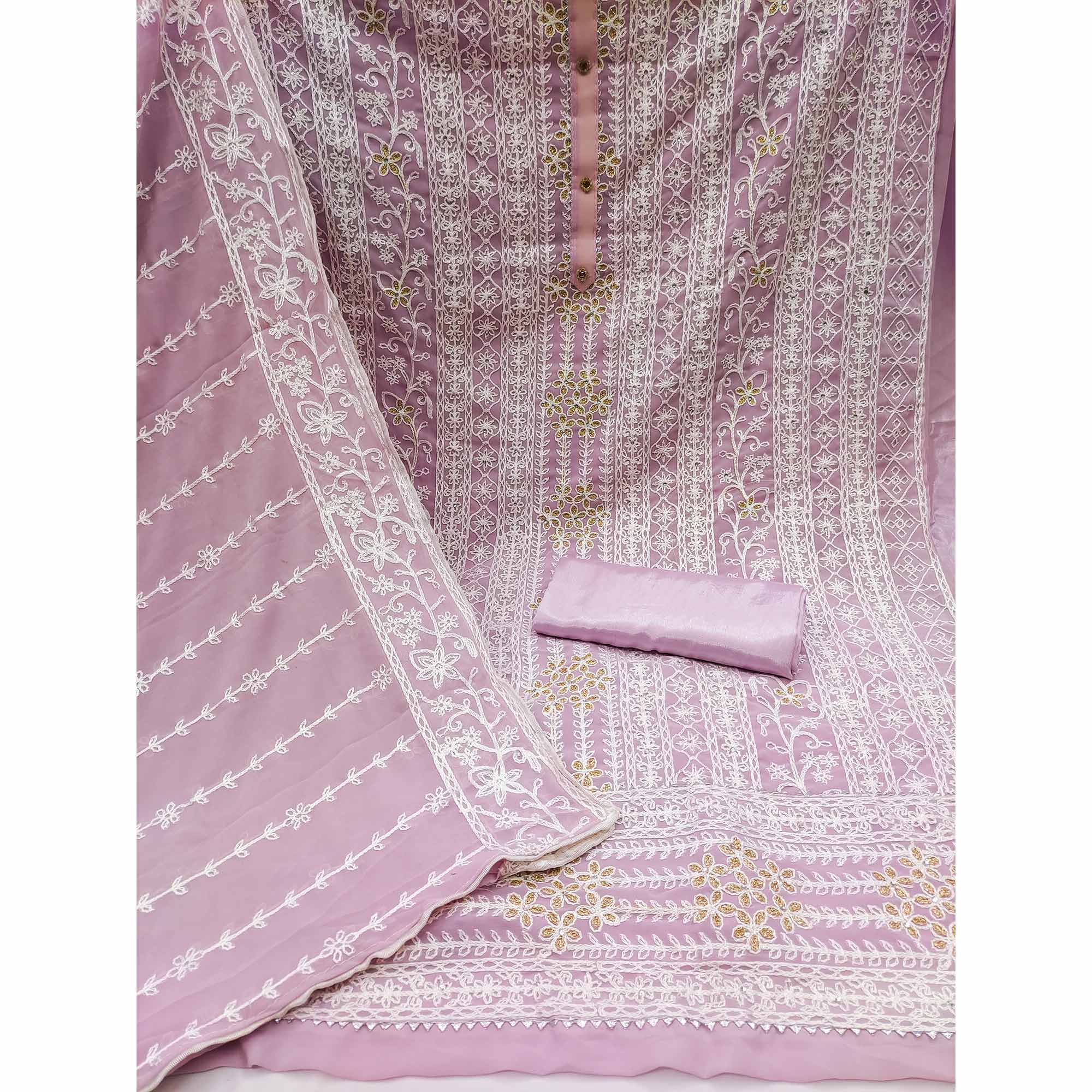 Pink Lucknowi Embroidered Georgette Dress Material