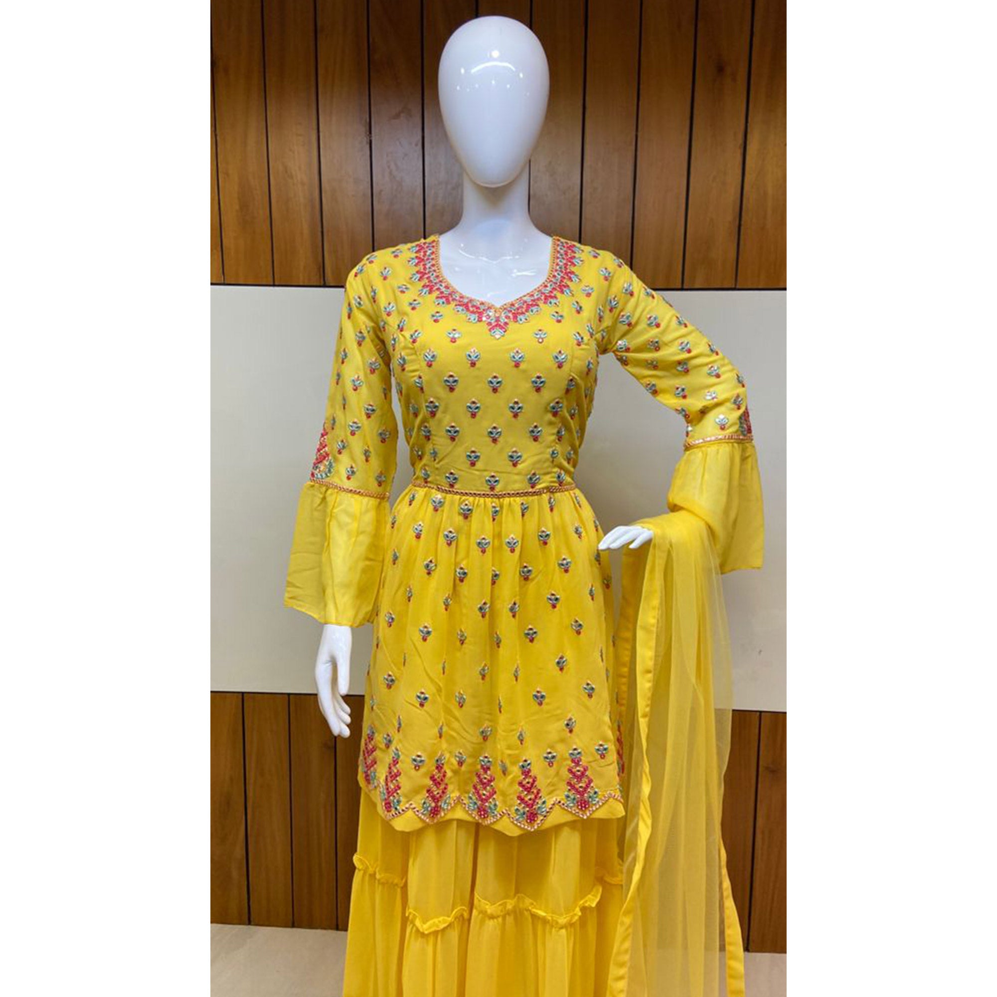 Yellow Floral Embroidered Georgette Sharara Suit