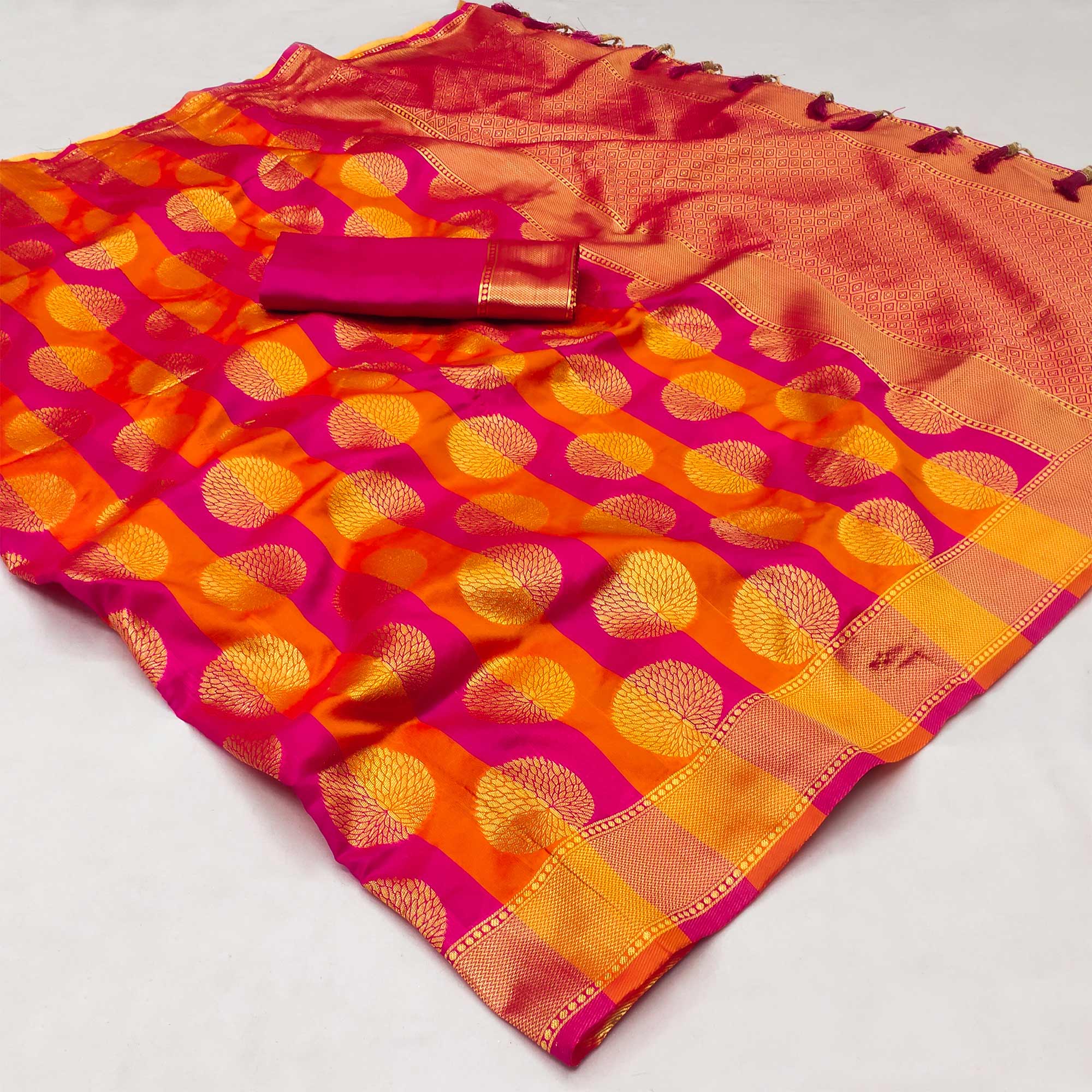 Rani Pink And Orange Woven Jacquard Saree With Tassels