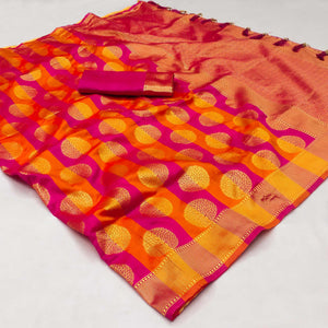 Rani Pink And Orange Woven Jacquard Saree With Tassels