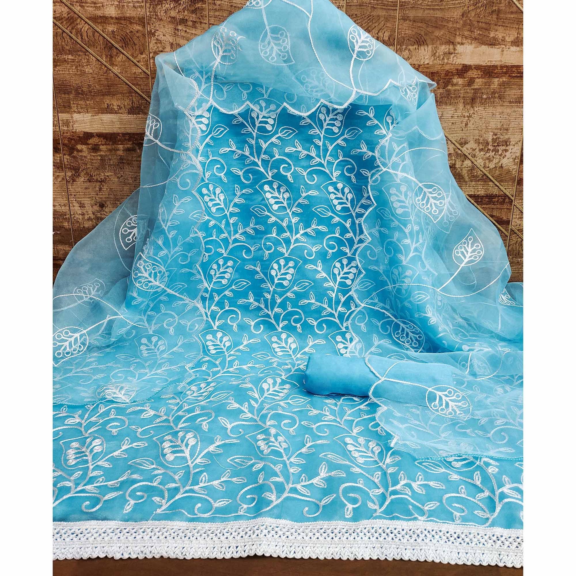 Blue Floral Embroidered Organza Dress Material