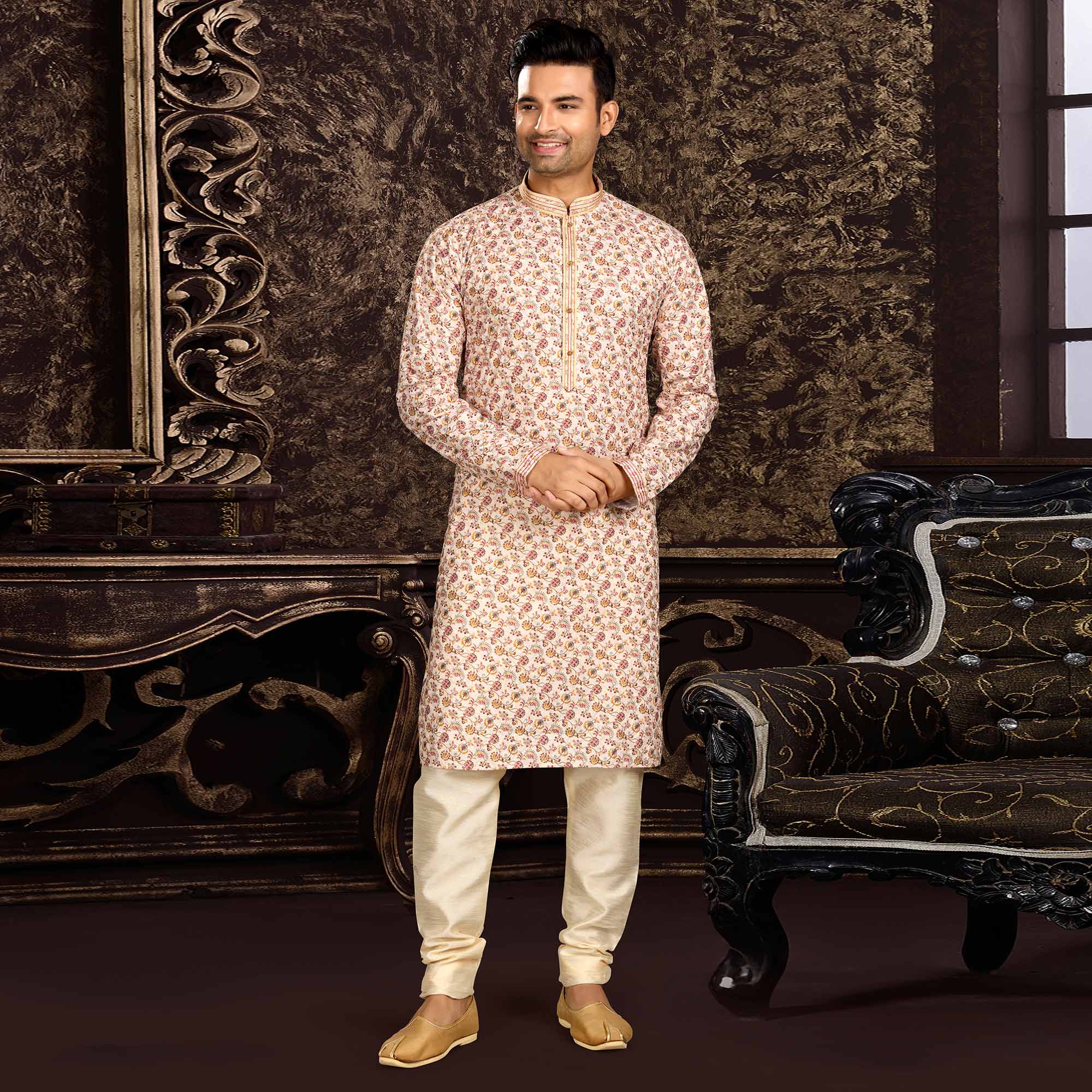 Cream Lucknowi And Digital Printed Cotton Kurta Pyjama Set