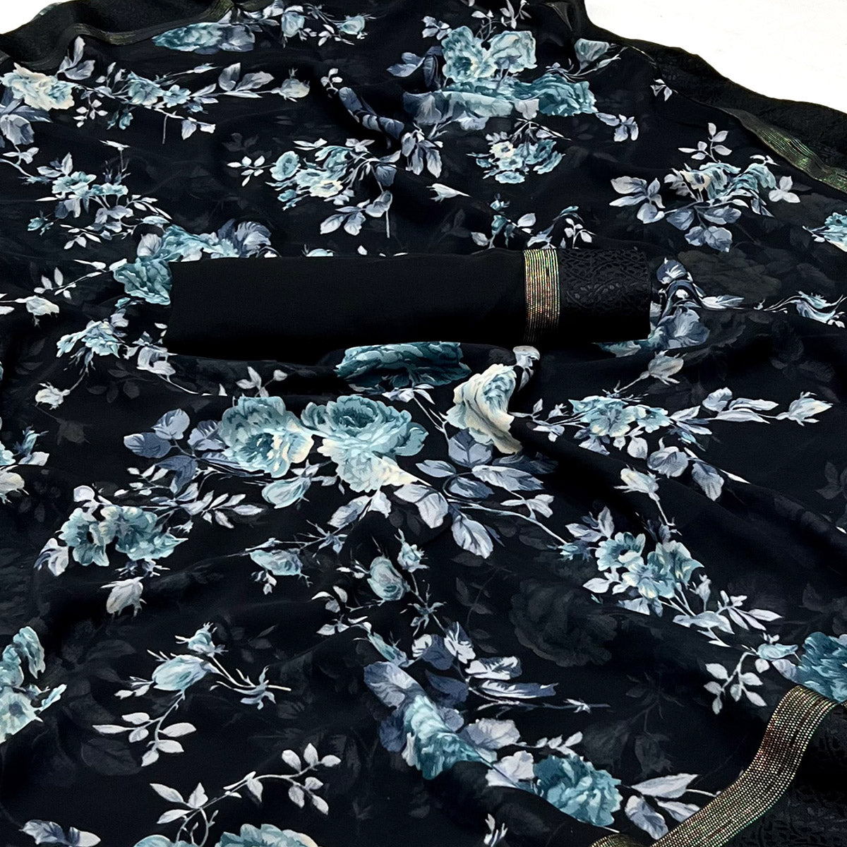 Black Floral Printed Georgette Saree