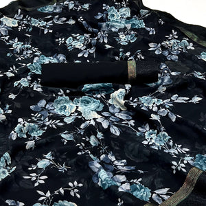 Black Floral Printed Georgette Saree