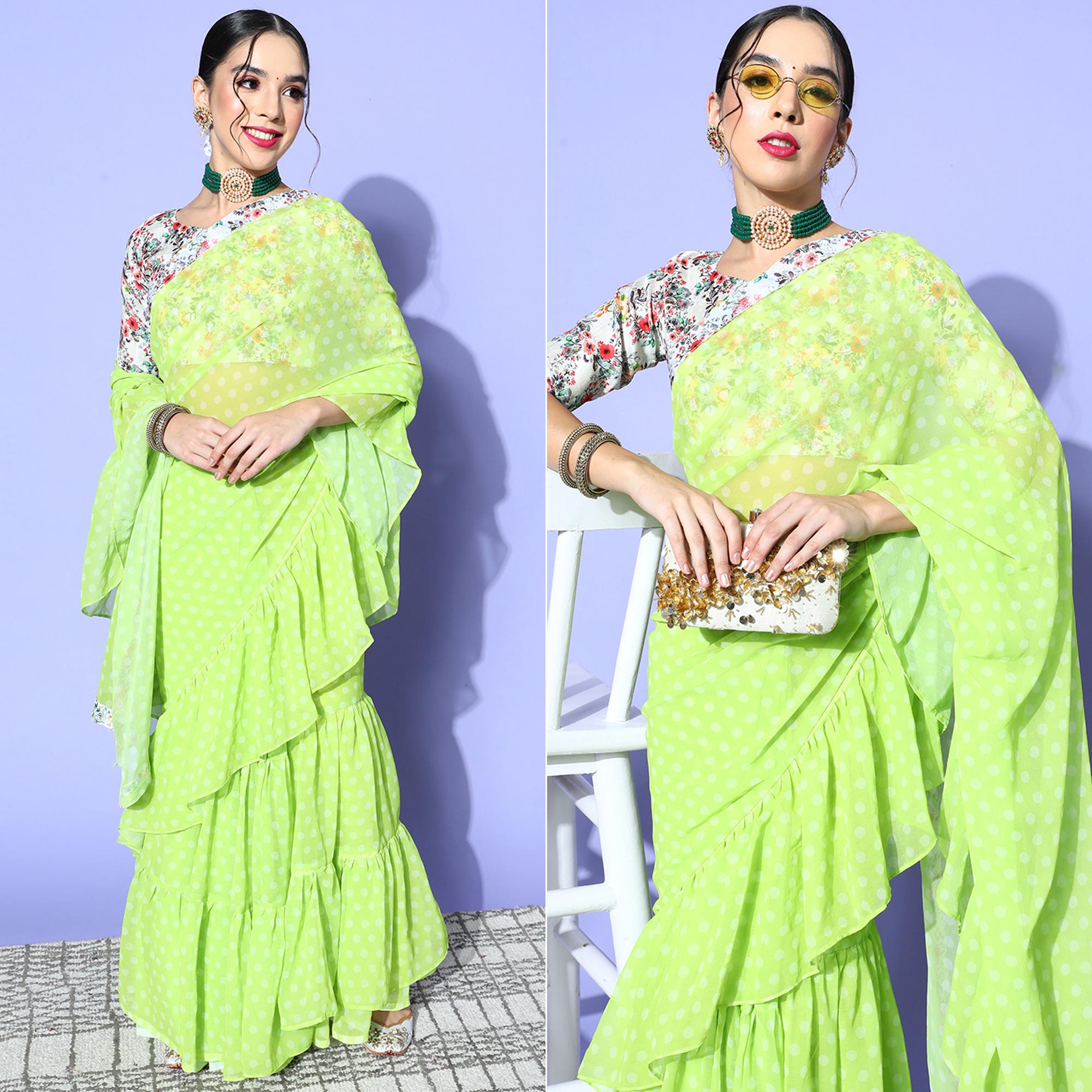 Green Printed Georgette Saree