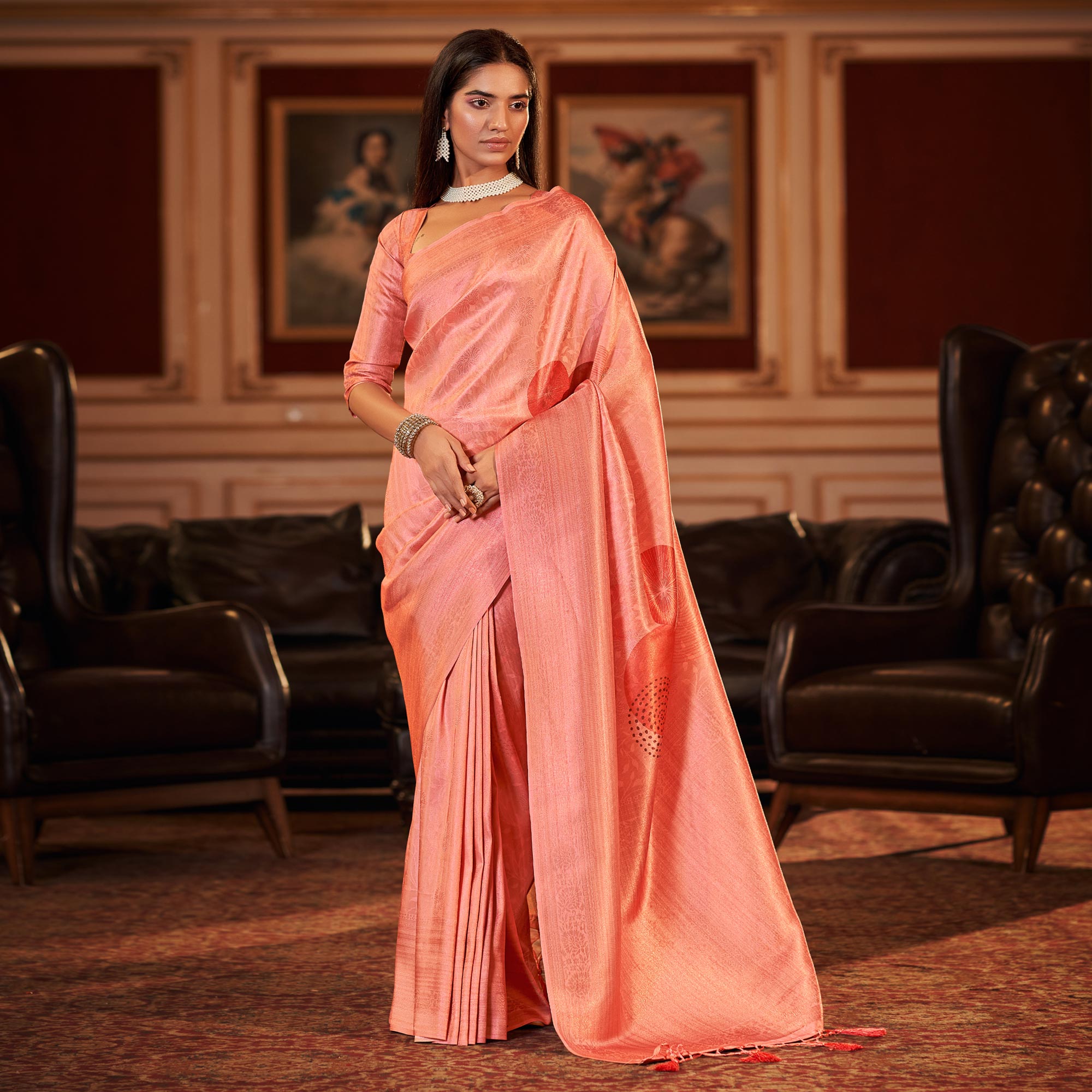 Salmon Pink Woven Jacquard Saree With Tassels