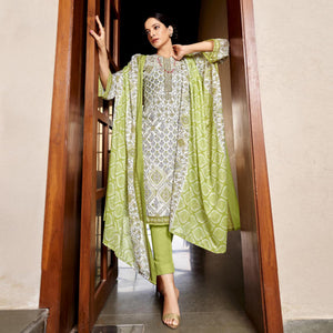 White & Green Floral Print With Embroidered Pure Cotton Salwar Suit