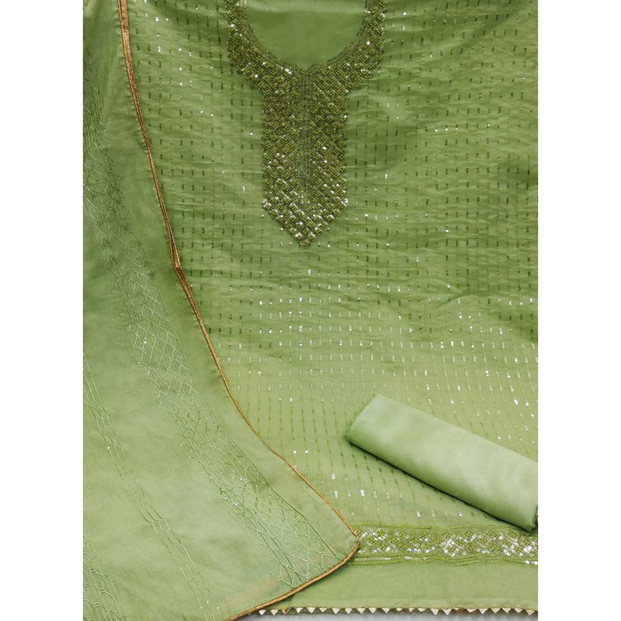 Green Sequins Embroidered Chanderi Dress Material