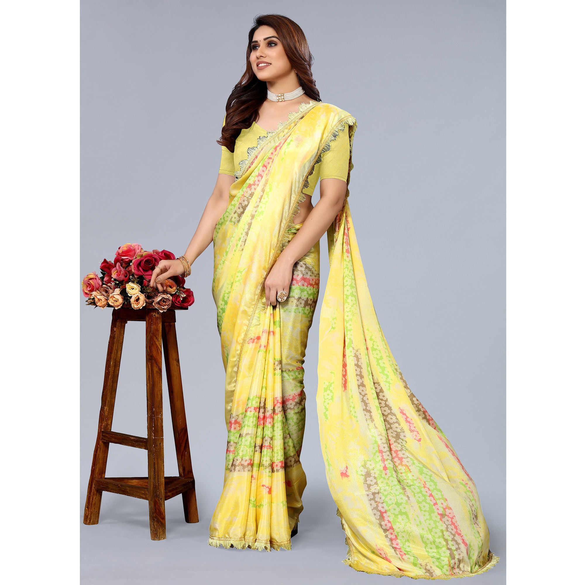 Yellow Floral Printed Art Silk Saree With Crochet Border