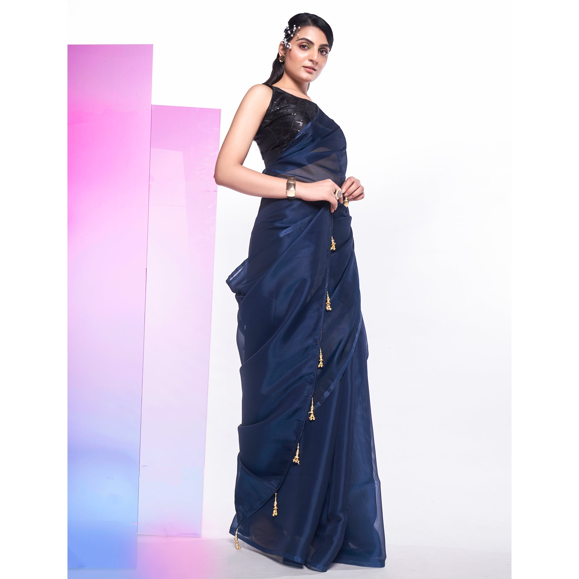 Teal Blue Solid Organza Saree With Tassels