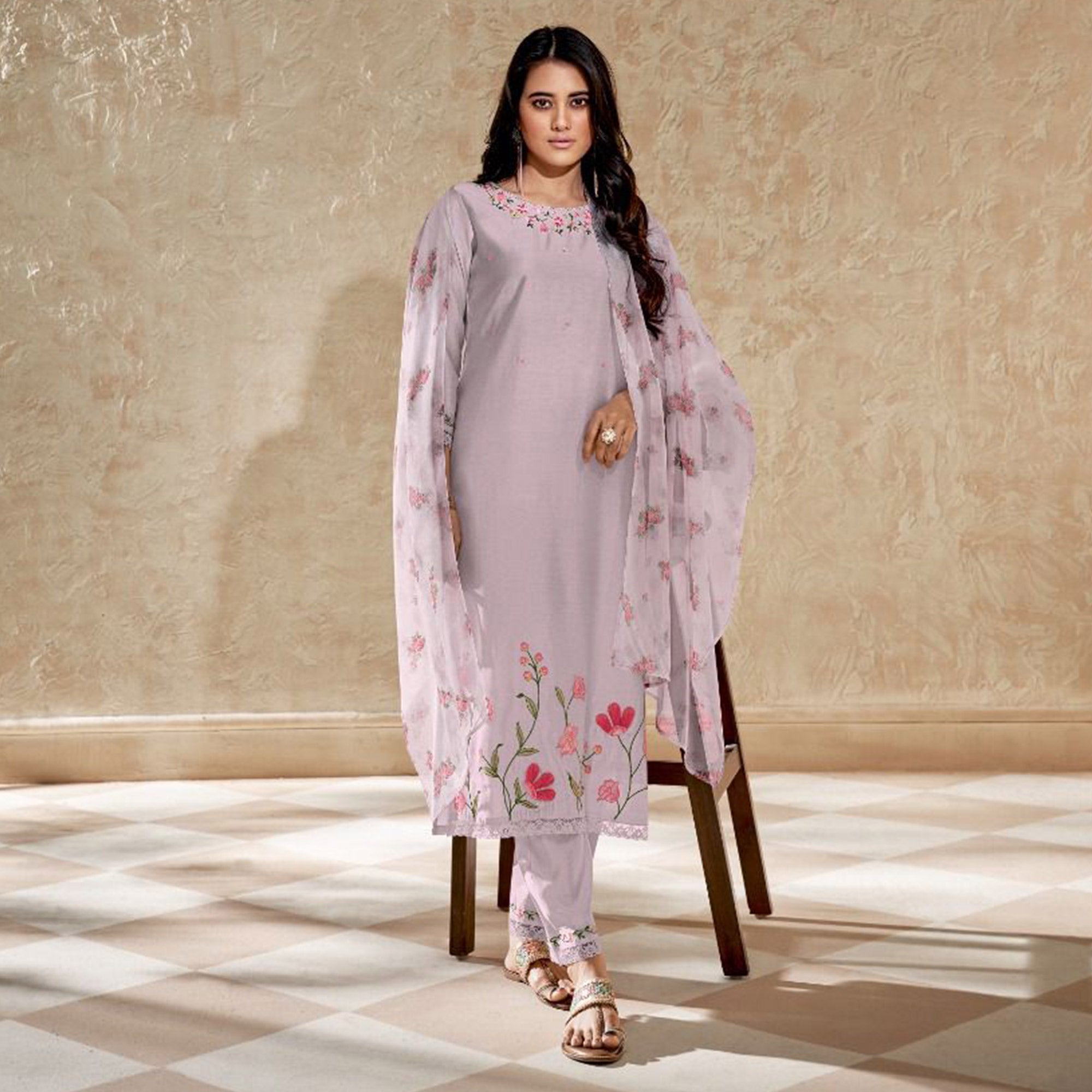 Lavender Floral Embroidered Viscose Suit