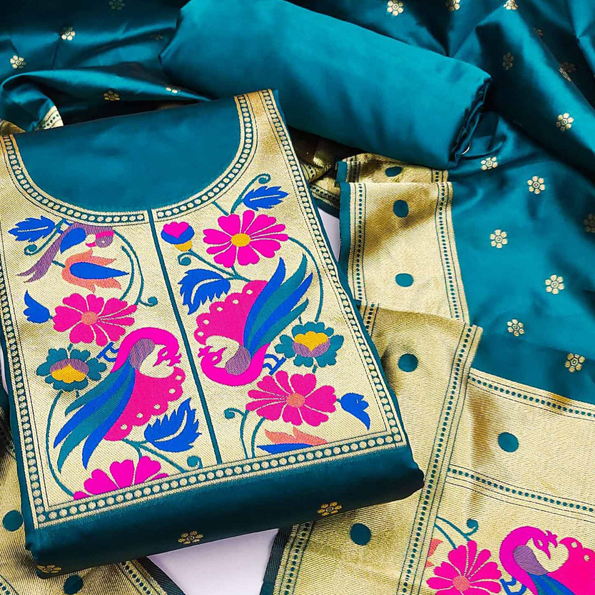 Rama Blue Woven Banarasi Silk Paithani Dress Material