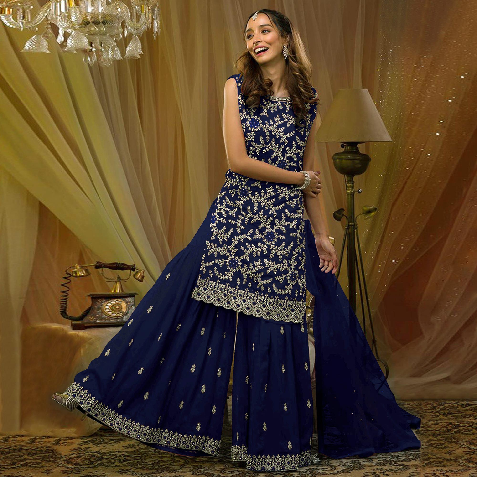 Blue Floral Embroidered Georgette Semi Stitched Sharara Suit