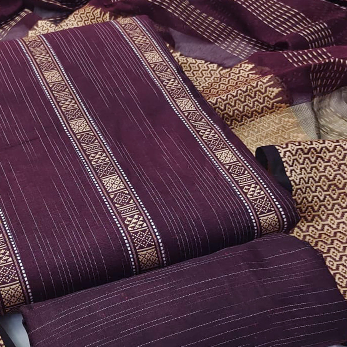 Purple Woven Cotton Blend Dress Material
