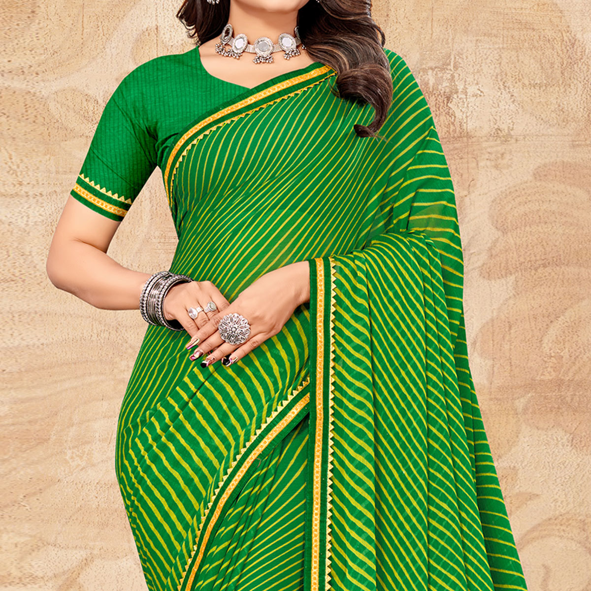 Green Digital Striped Printed Chiffon Saree With Tassels