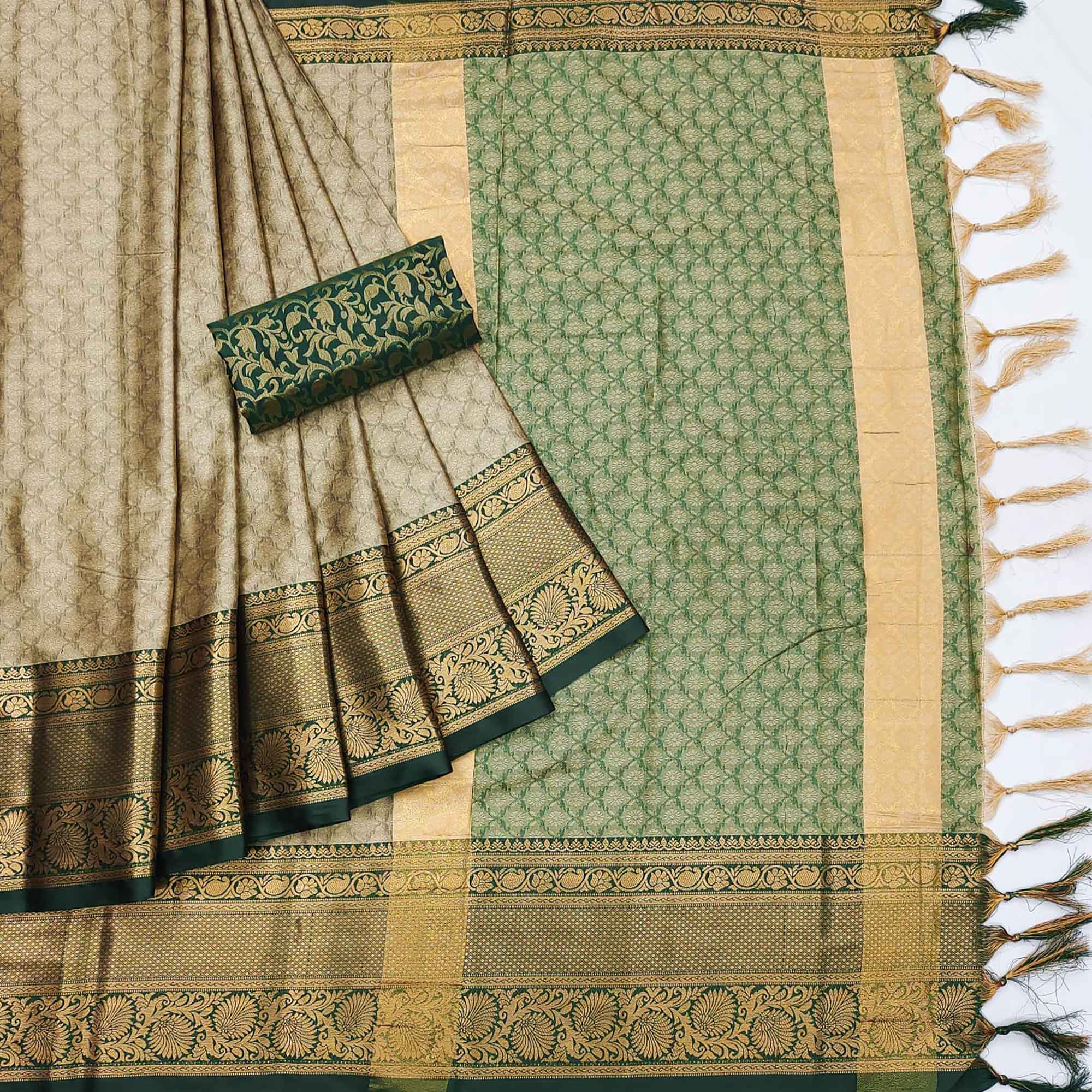 Chikoo Green Printed And Woven Cotton Silk Saree With Tassels