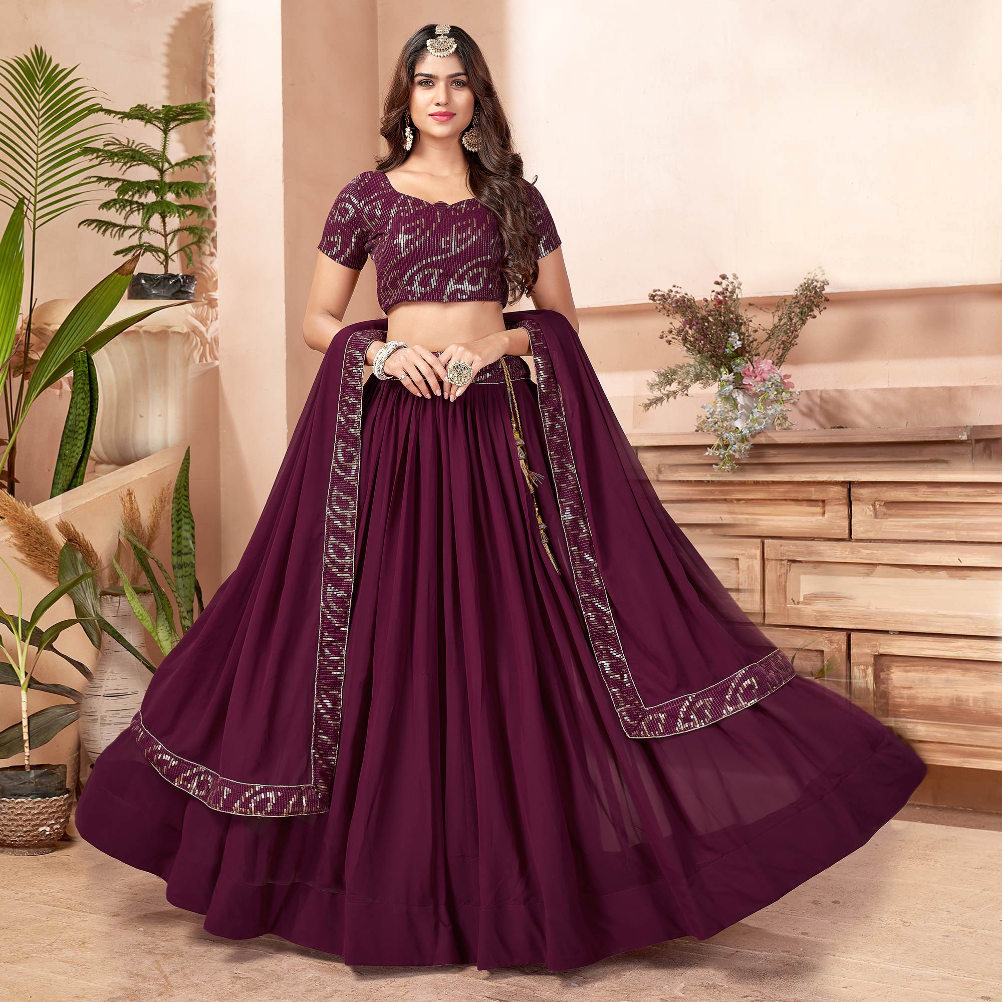 Purple Sequins Embroidered Georgette Lehenga Choli