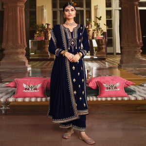 Blue Embroidered Velvet Pakistani Suit