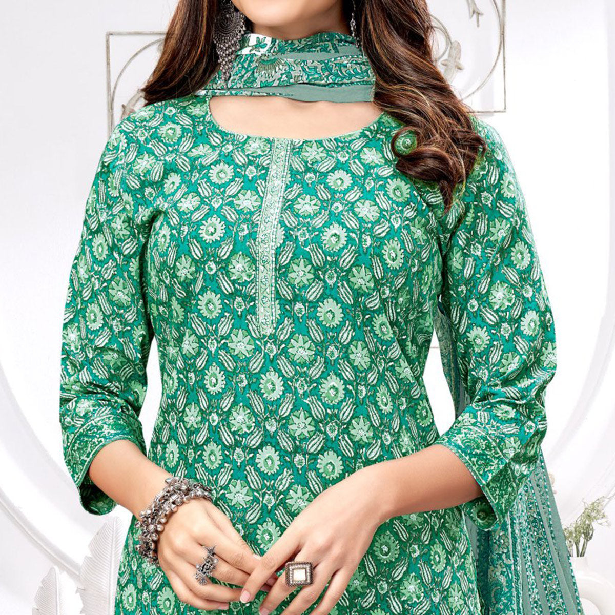 Green Printed Pure Cotton Suit