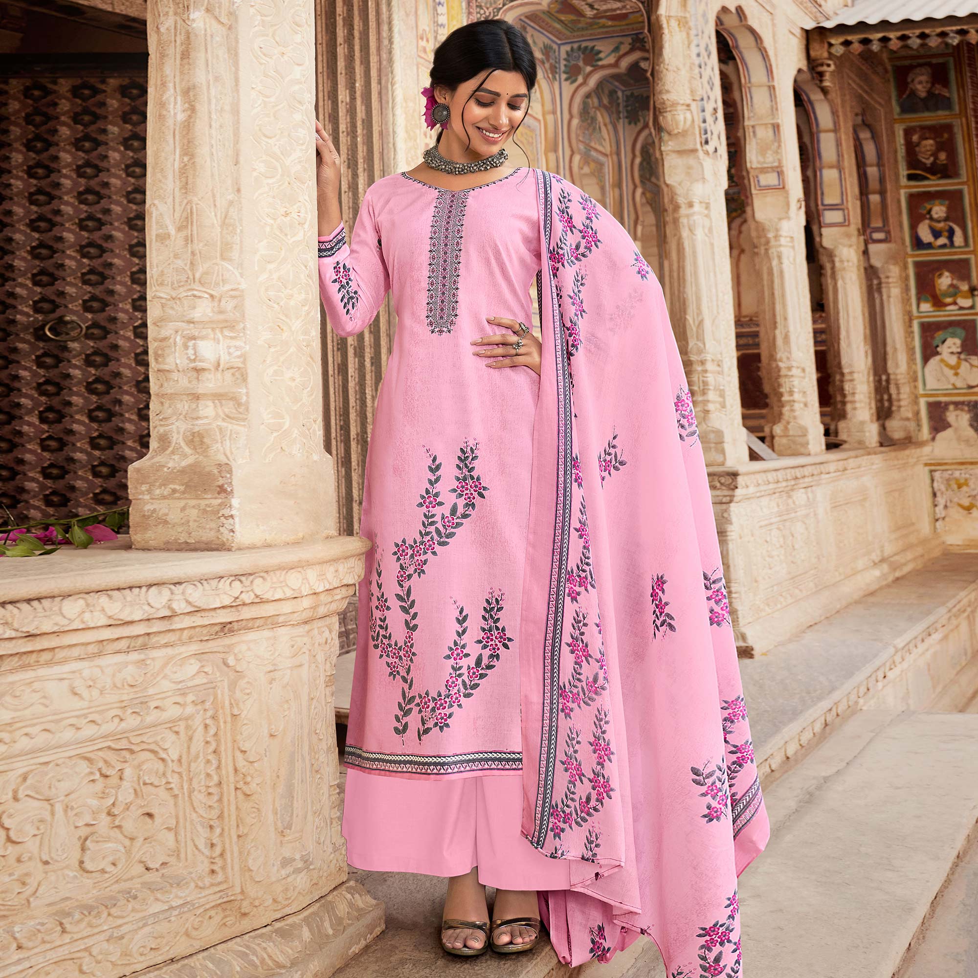 Pink Floral Printed With Embroidered Pure Cotton Palazzo Suit
