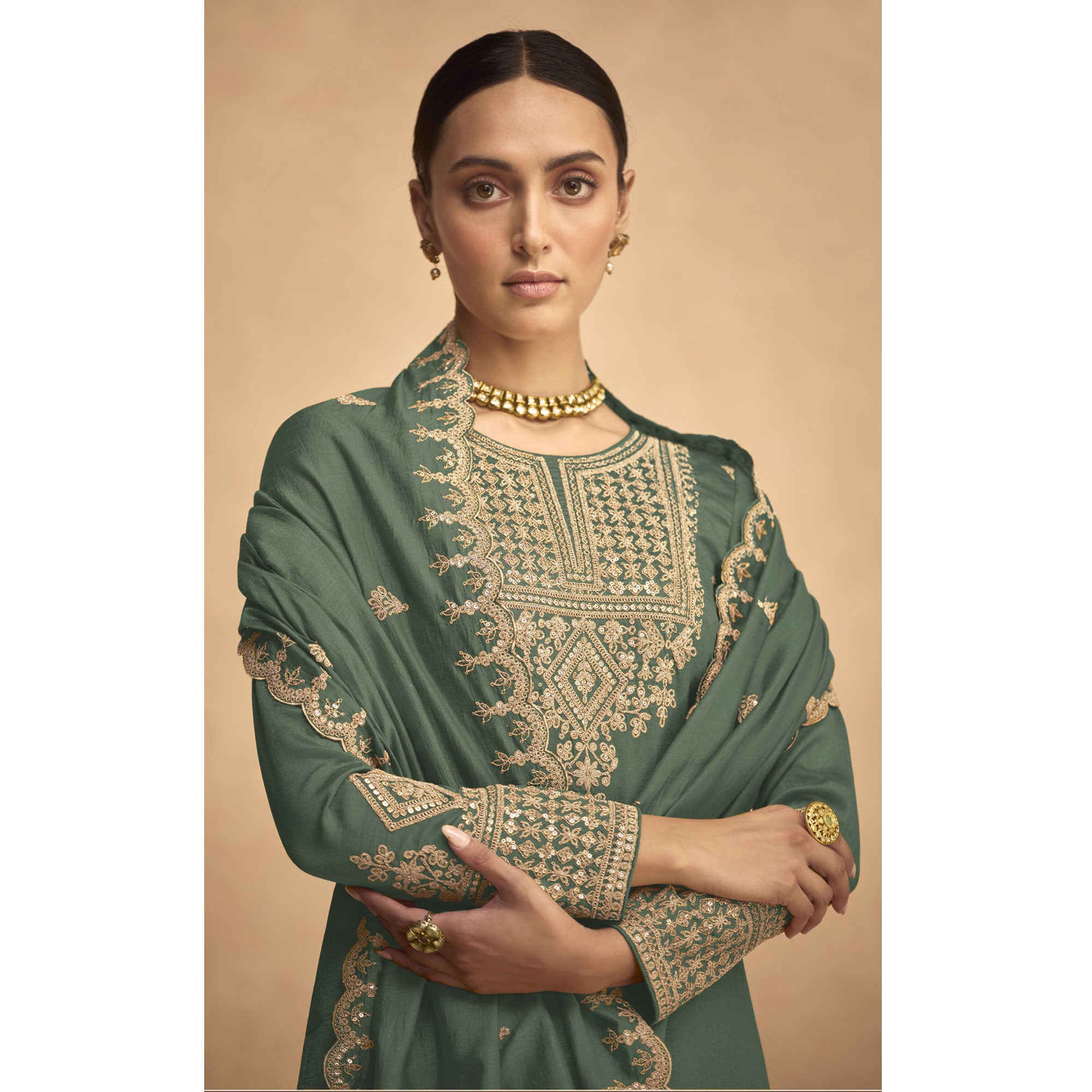 Green Sequins Embroidered Georgette Palazzo Suit