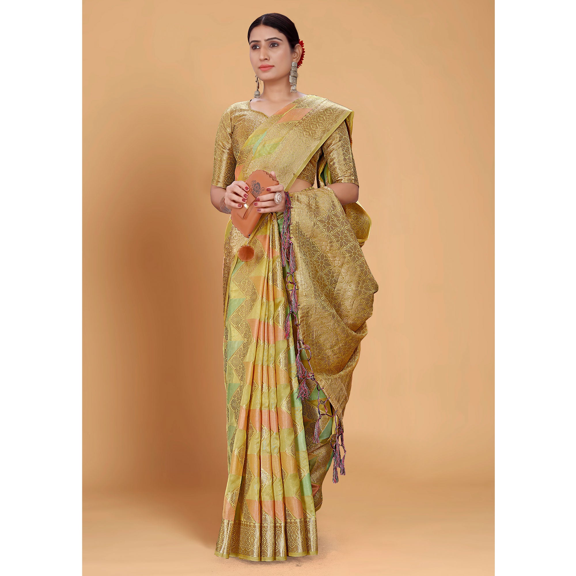 Green Woven Organza Saree With Tassels