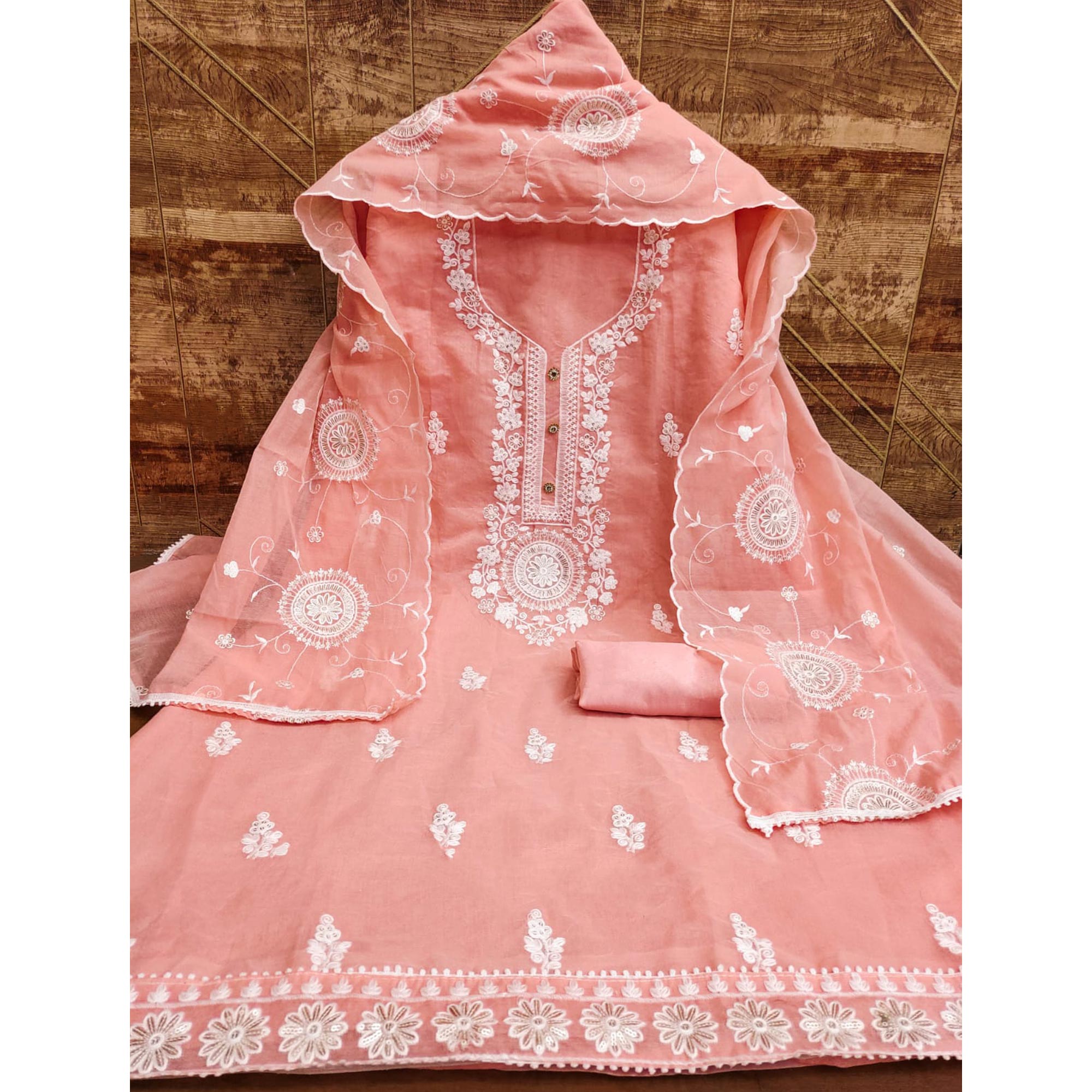 Peach Floral Embroidered Chanderi Dress Material