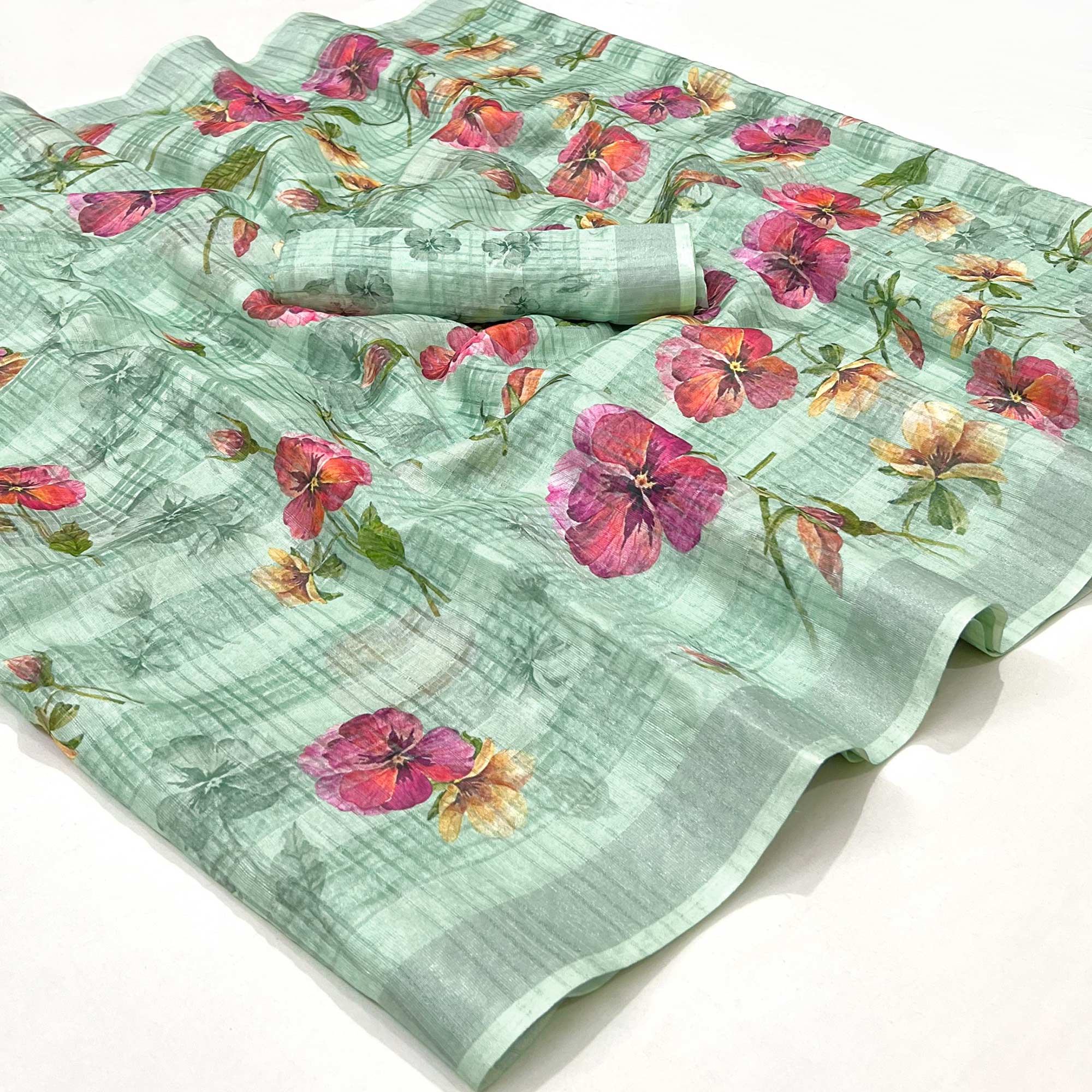 Turquoise Green Floral Digital Printed Cotton Silk Saree