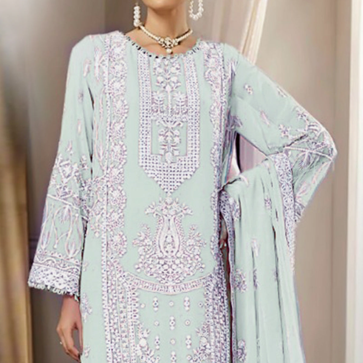 Light Pista Floral Embroidered Georgette Pakistani Suit