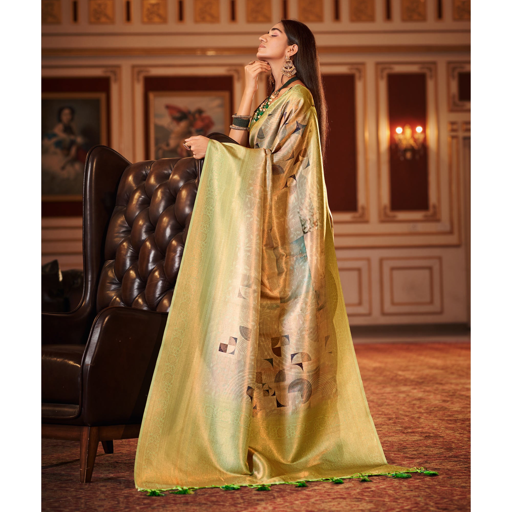 Beige & Pista Green Woven Jacquard Saree With Tassels