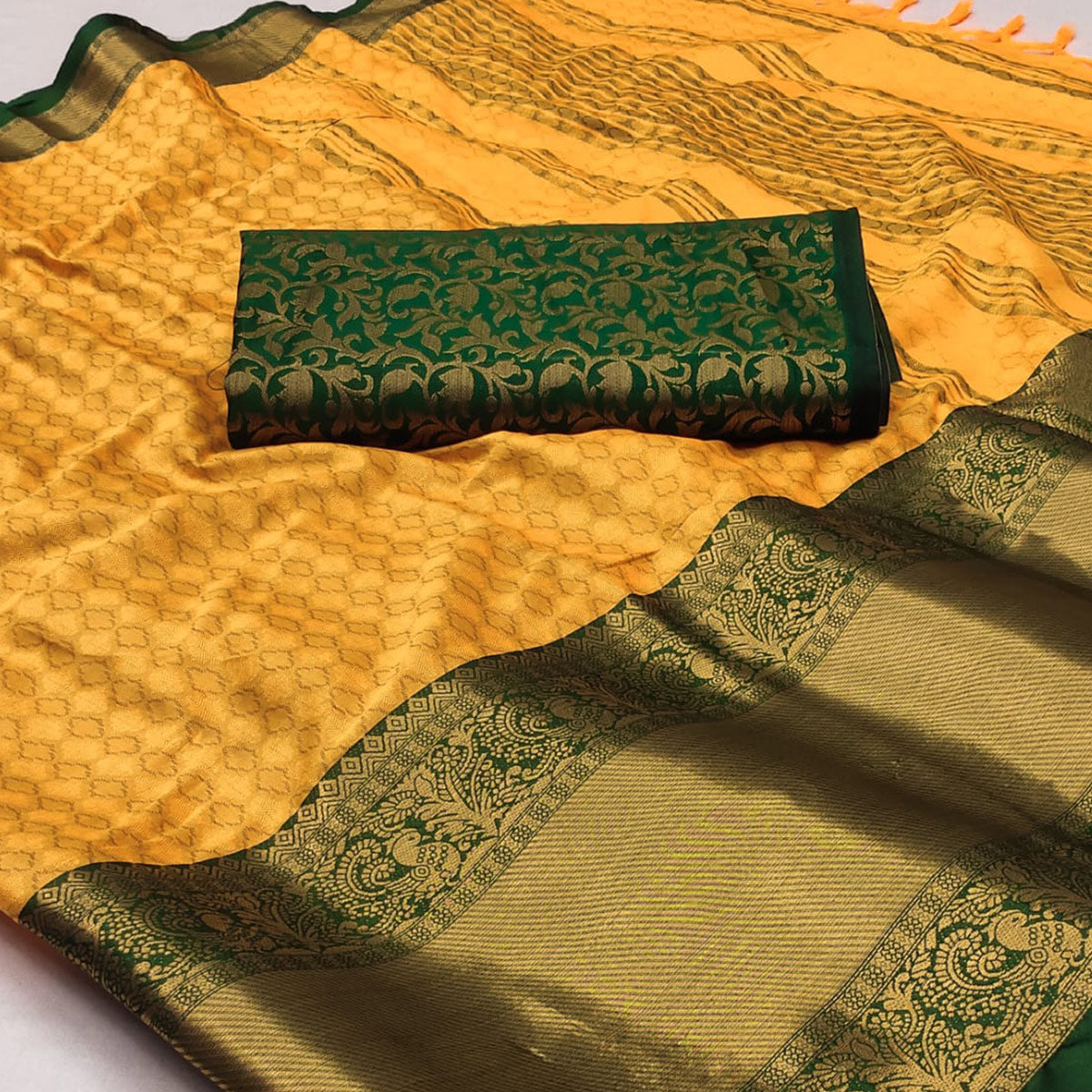 Dusty Yellow Woven Cotton Silk Saree With Tassels