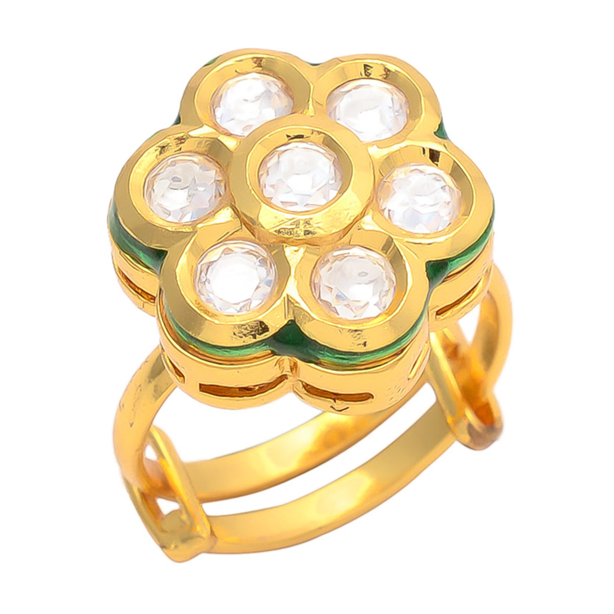 Gold Polish Kundan Meena Adjustable Ring