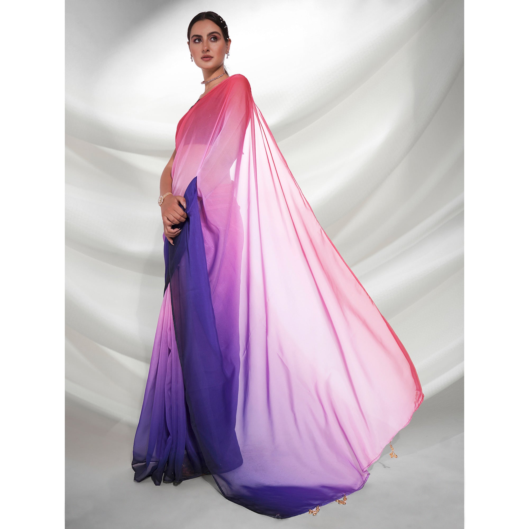 Violet And Pink Printed Organza Saree