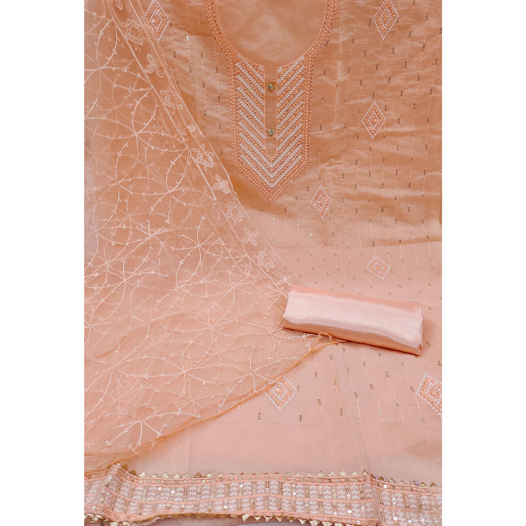 Peach Sequins Embroidered Chanderi Dress Material