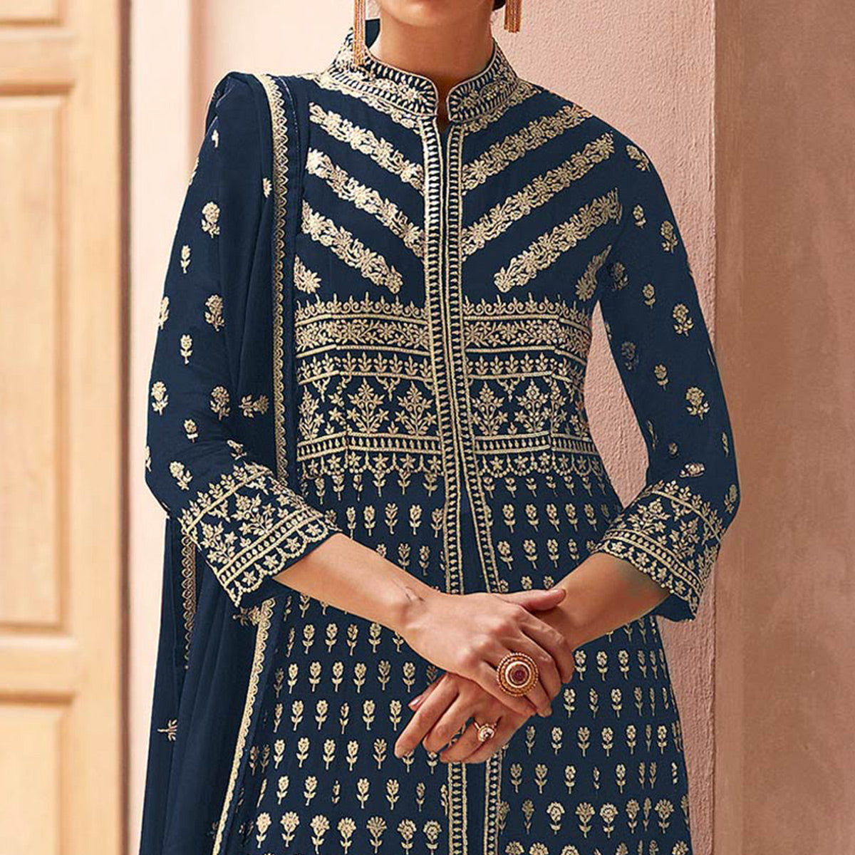Navy Blue Floral Embroidered Georgette Palazzo Suit