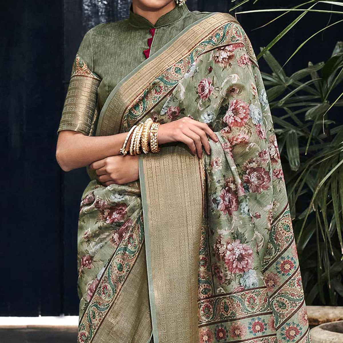 Green Digital Printed Linen Saree